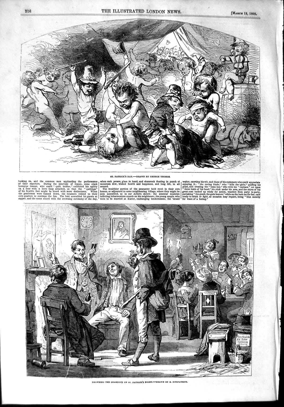 Original Old Antique Print 1853 Drowning Shamrock St. Patrick'S Day Ireland