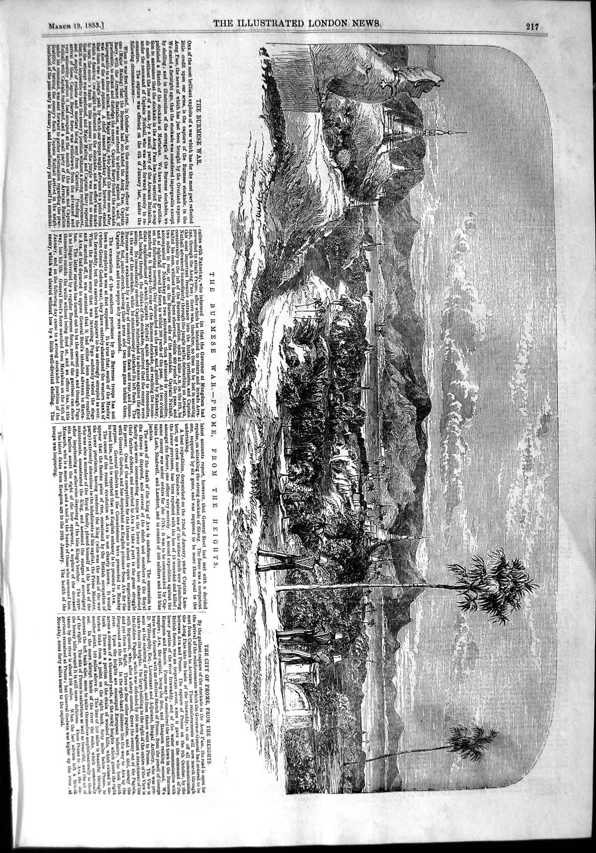 Original Old Antique Print 1853 Burmese War View Prome Mountains Siers 19th