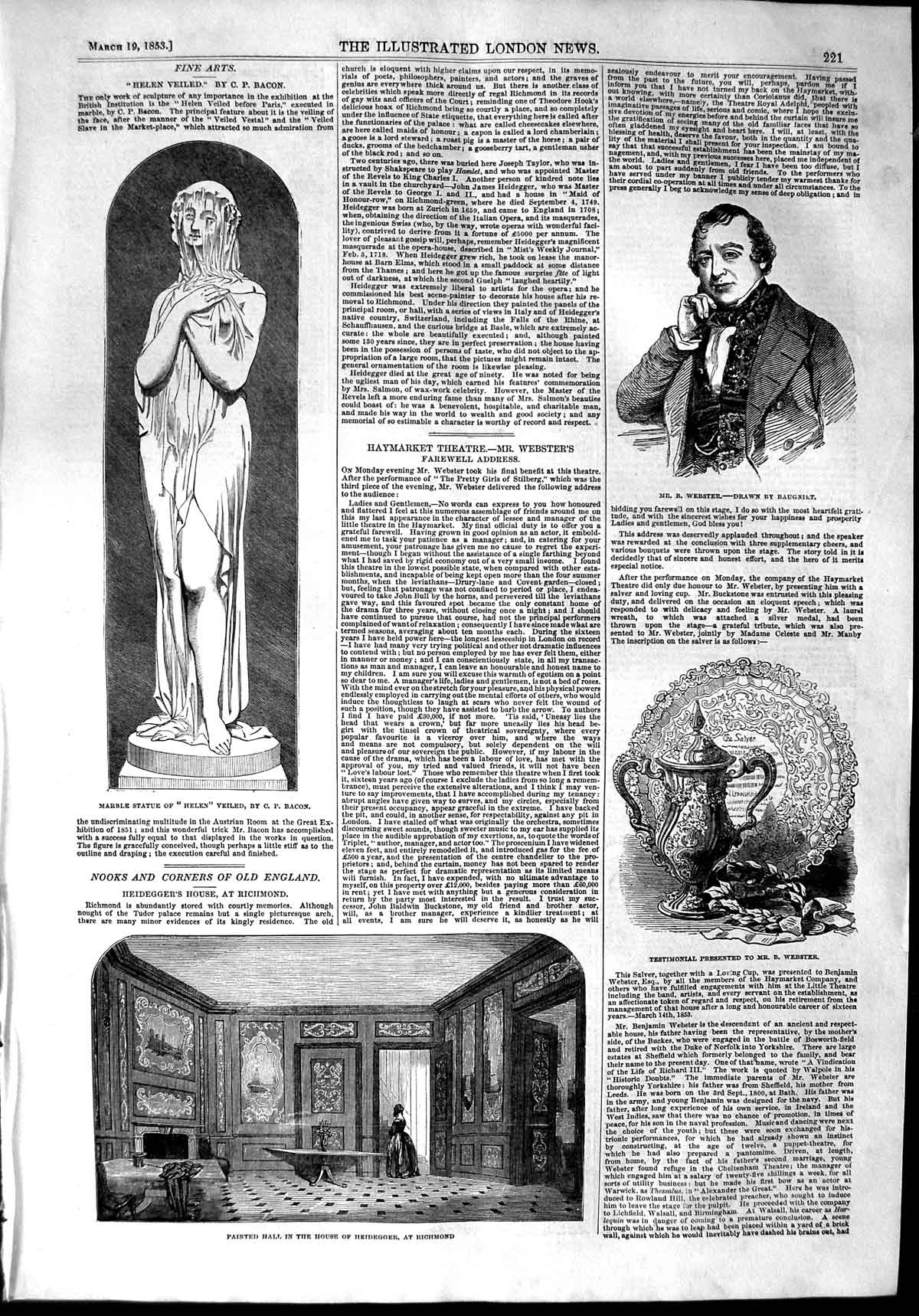 Old Antique Print 1853 Statue Helen Webster Hall House Heidegger Richmond 19th