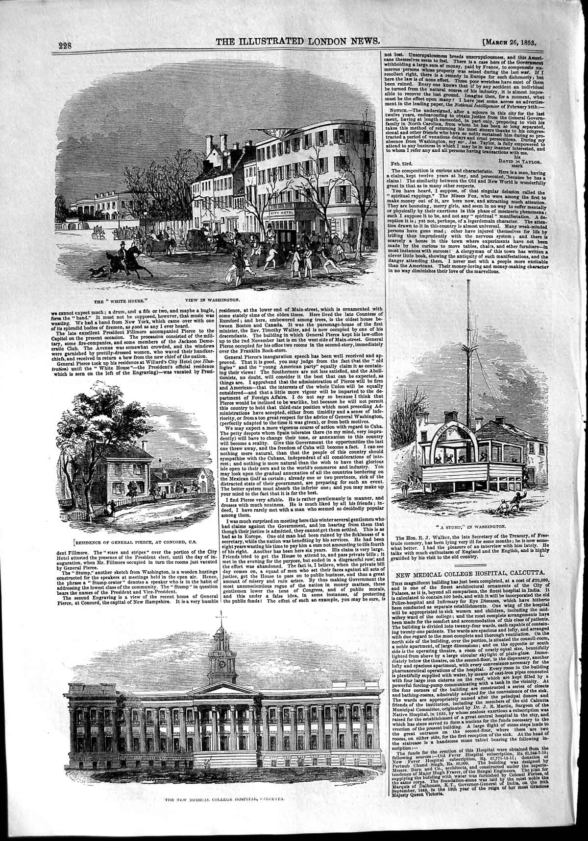 Old Antique Print 1853 Washington Pierce Concord Medical College Calcutta 19th