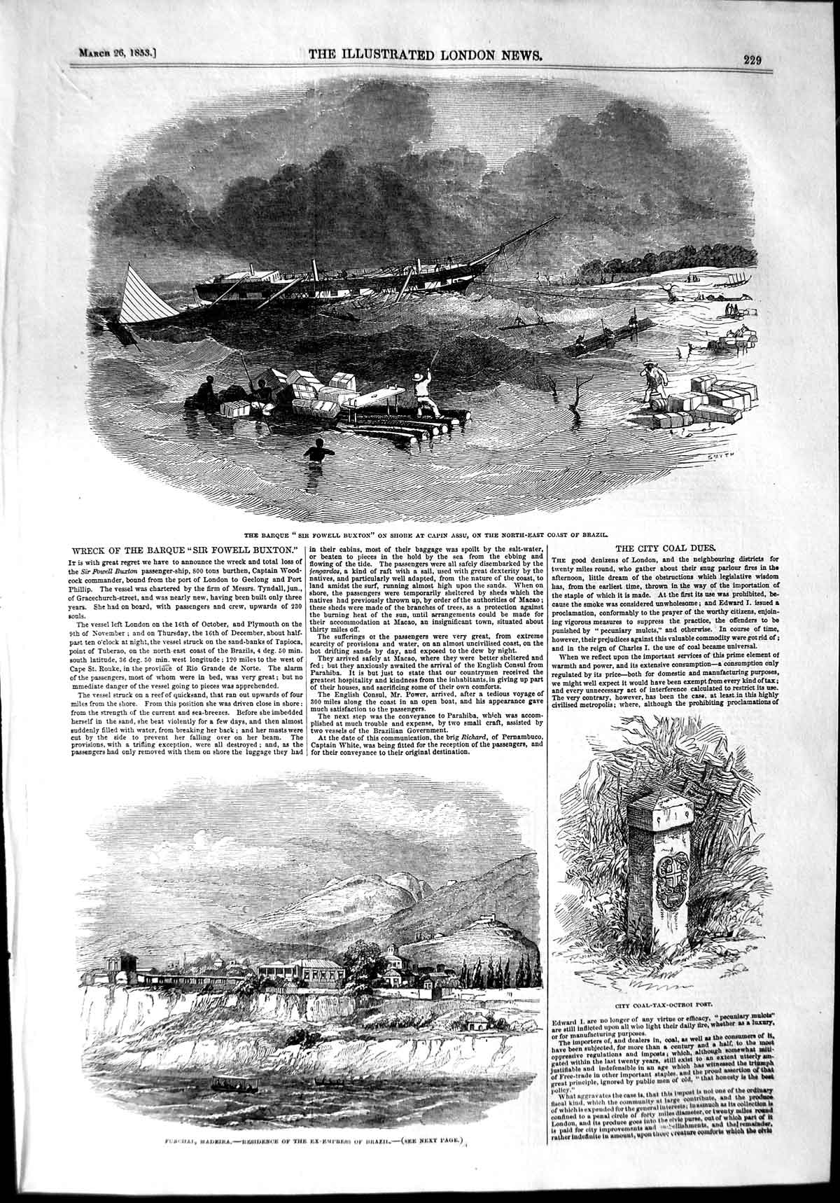 Original Old Antique Print 1853 Barque Fowell Buxton Capin Assu Ship Brazil