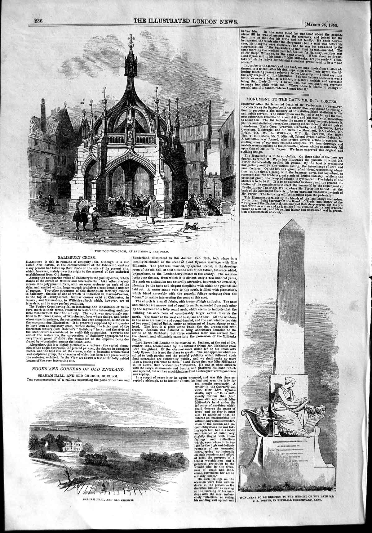 Original Old Antique Print 1853 Poultry-Cross Salisbury Seaham Church Porter