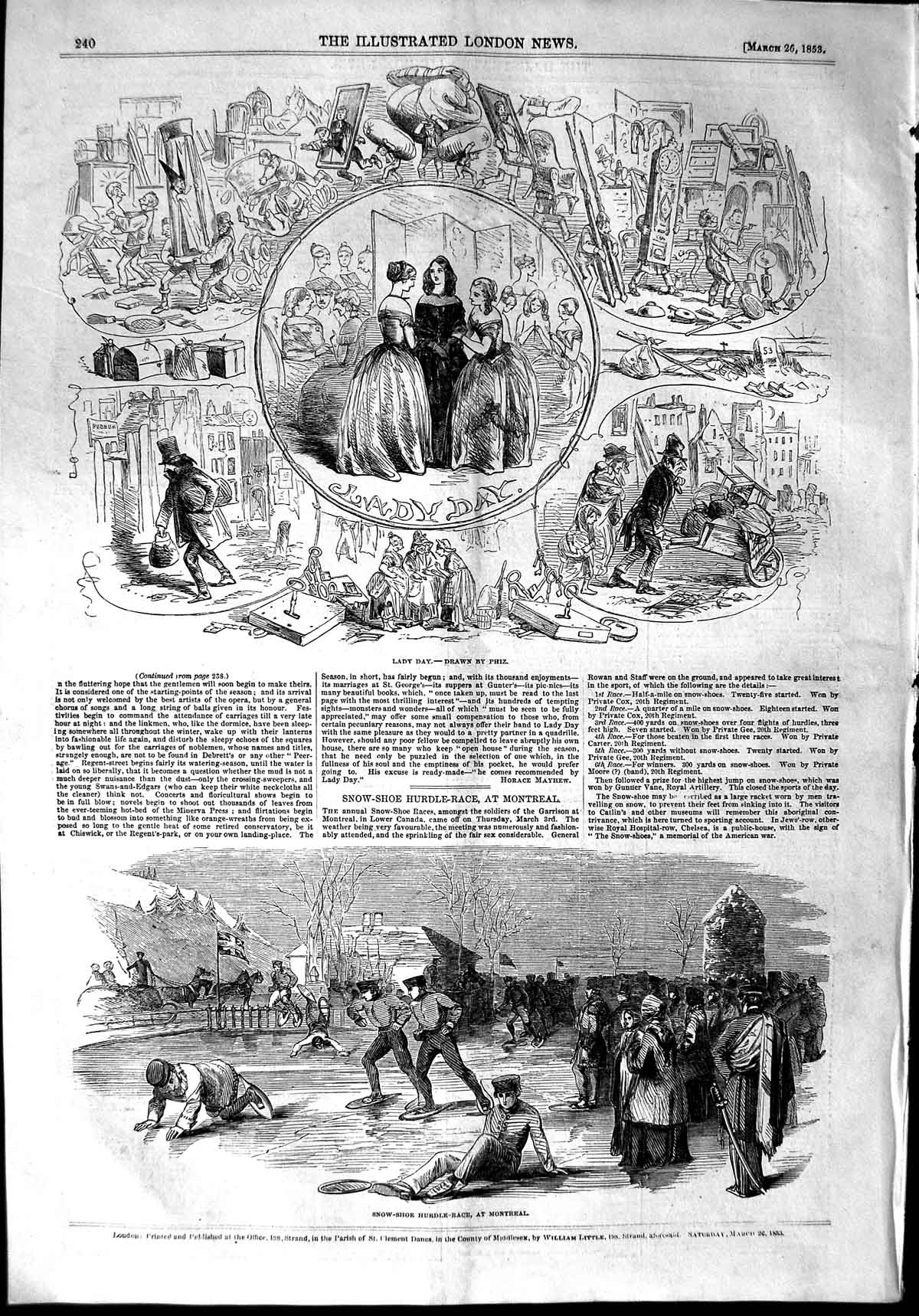 Original Old Antique Print 1853 Snow-Shoe Hurdle Race Montreal Canada Lady-Day