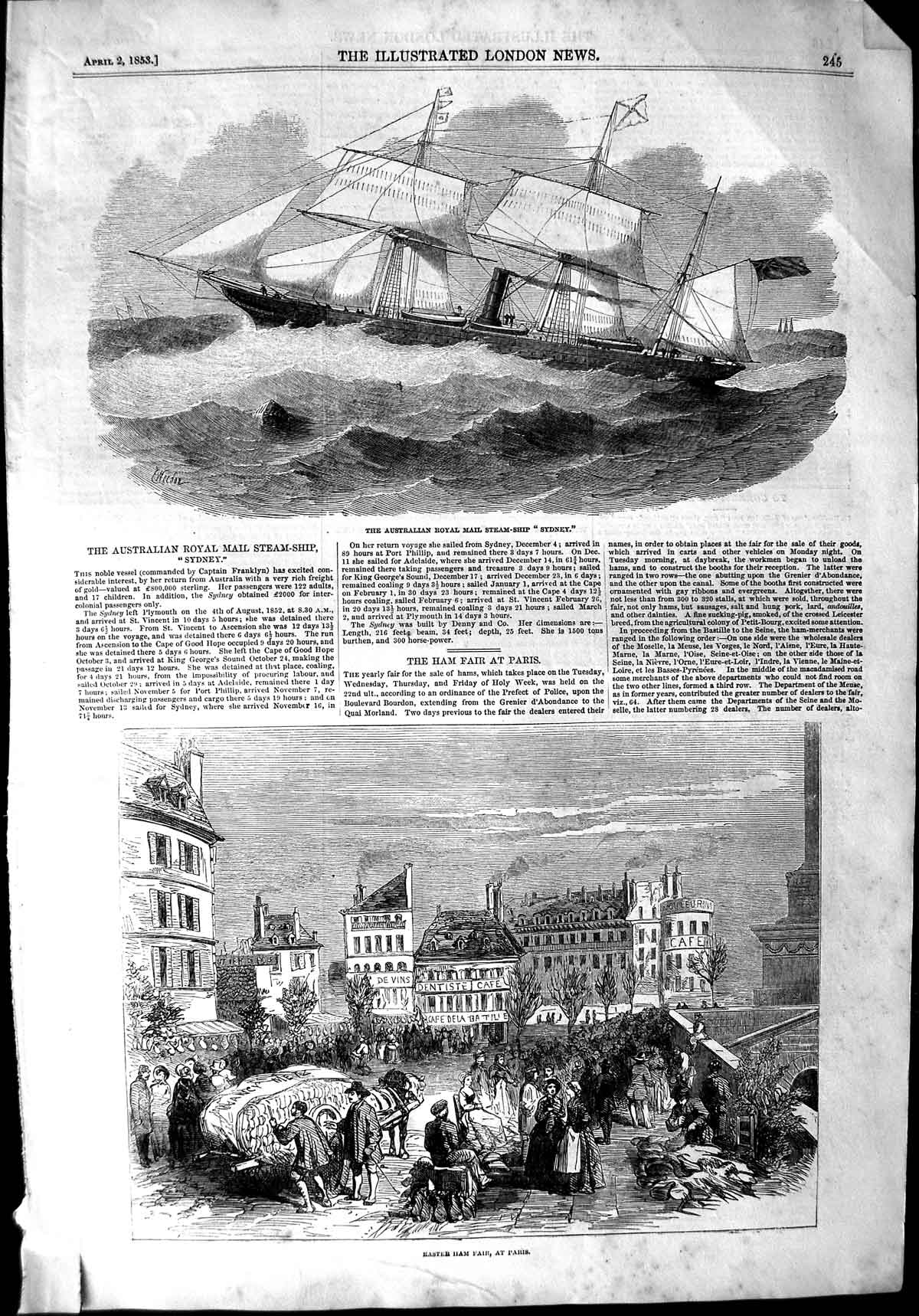 Old Antique Print 1853 Australian Royal Mail Steam Ship Sydney Ham Paris 19th