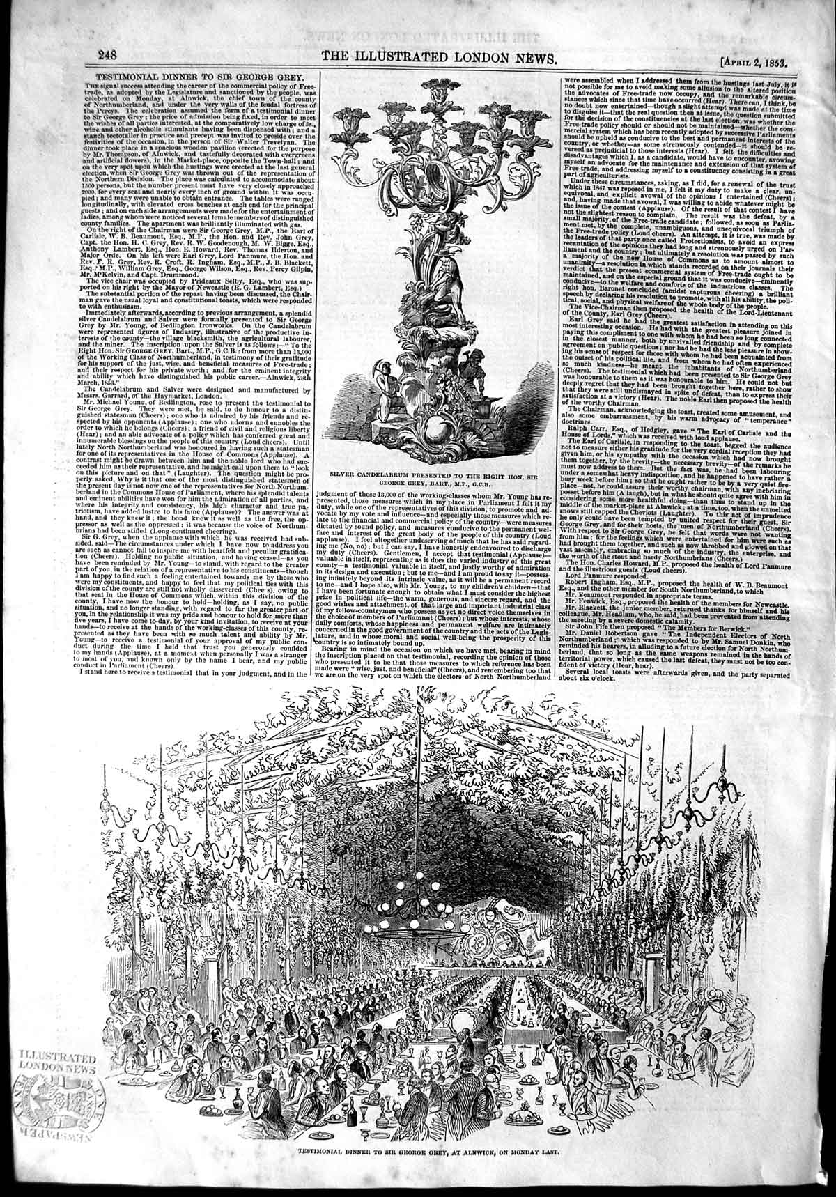 Old Antique Print 1853 Testimonial Dinner George Grey Alnwick Candelabrum 19th