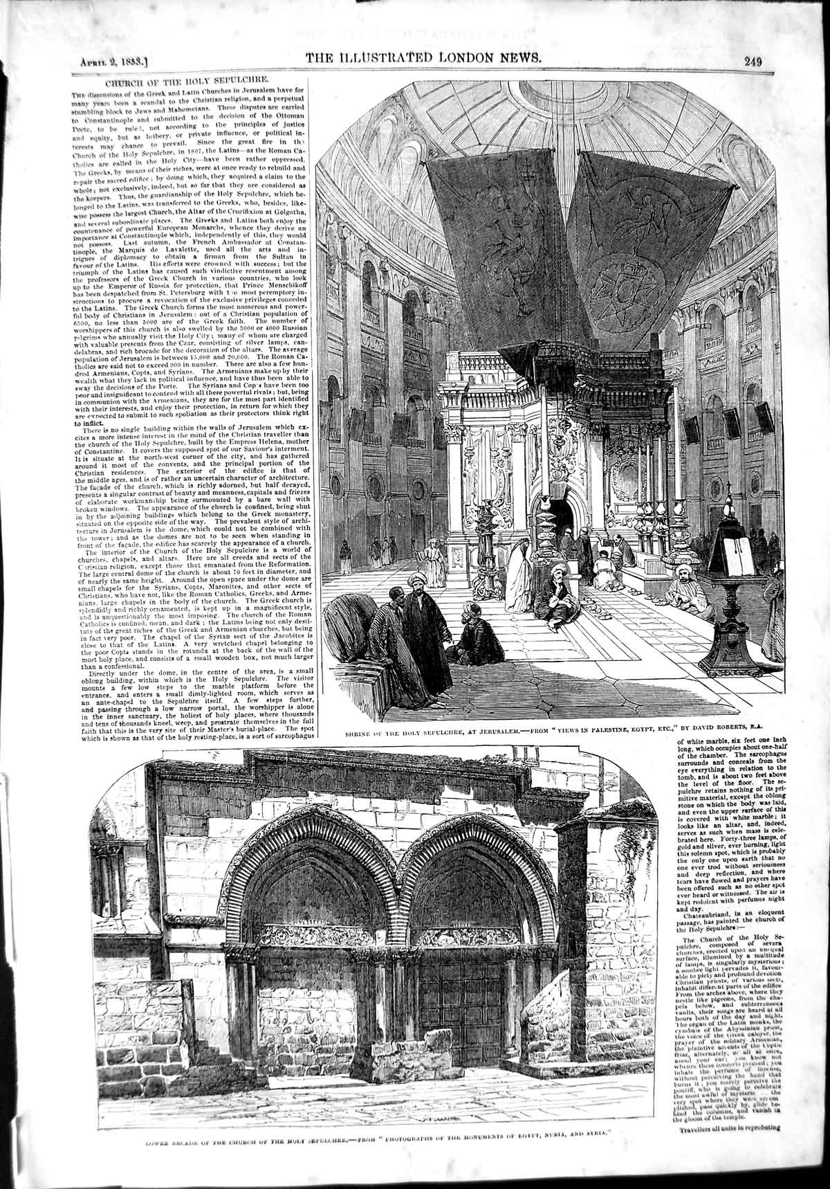 Original Old Antique Print 1853 Shrine Holy Sepulchre Jerusalem Palestine Egypt
