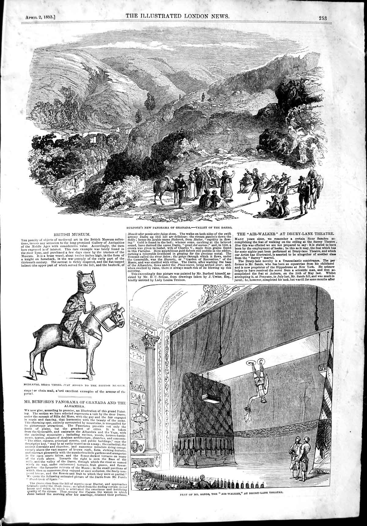 Original Old Antique Print 1853 Granada Darro Drury Theatre Air-Walke Victorian