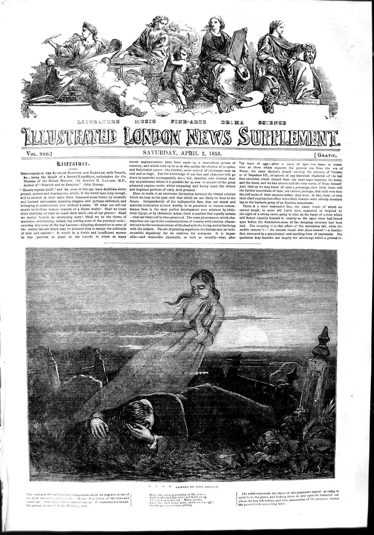 Original Old Antique Print 1853 Art John Absolon Dead Man Angel Grave Sunrise