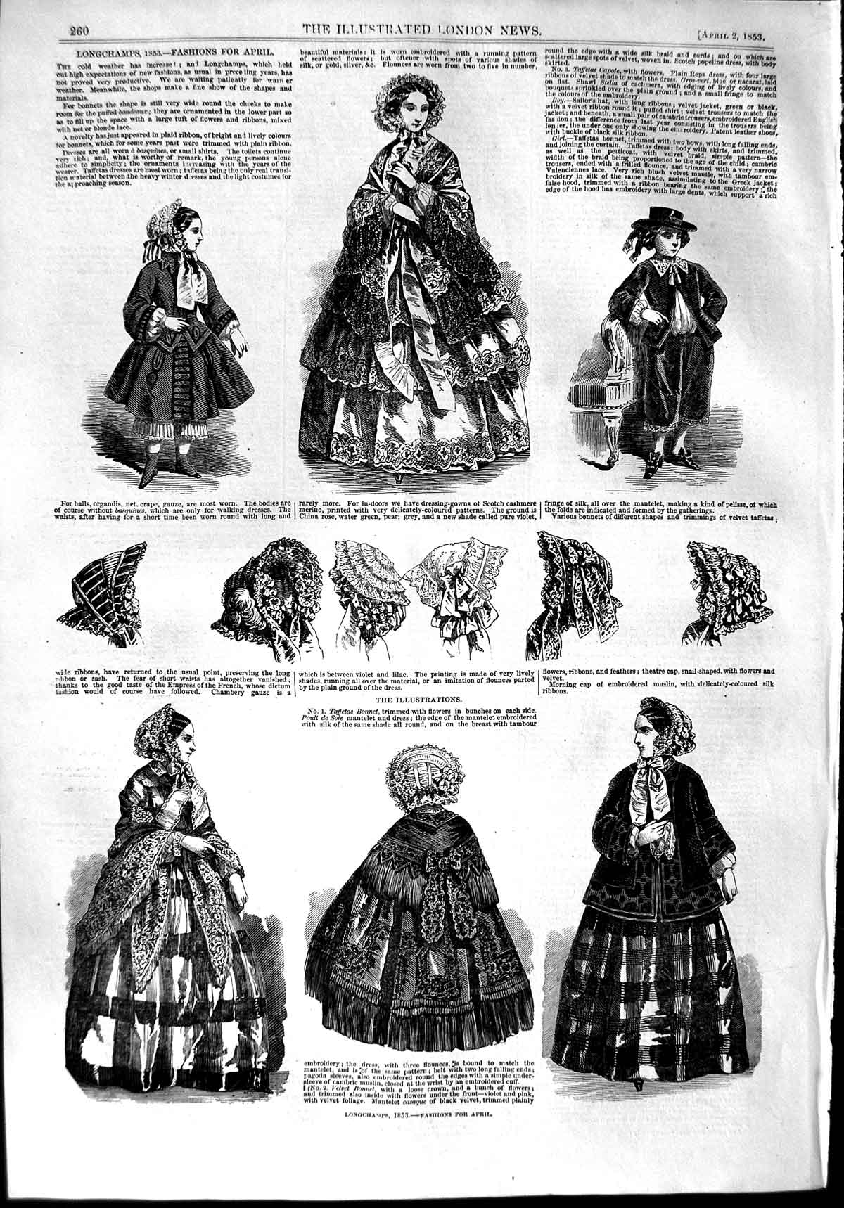 Original Old Antique Print 1853 Lonchamps Ladies Fashion Dresses Bonnets Hats