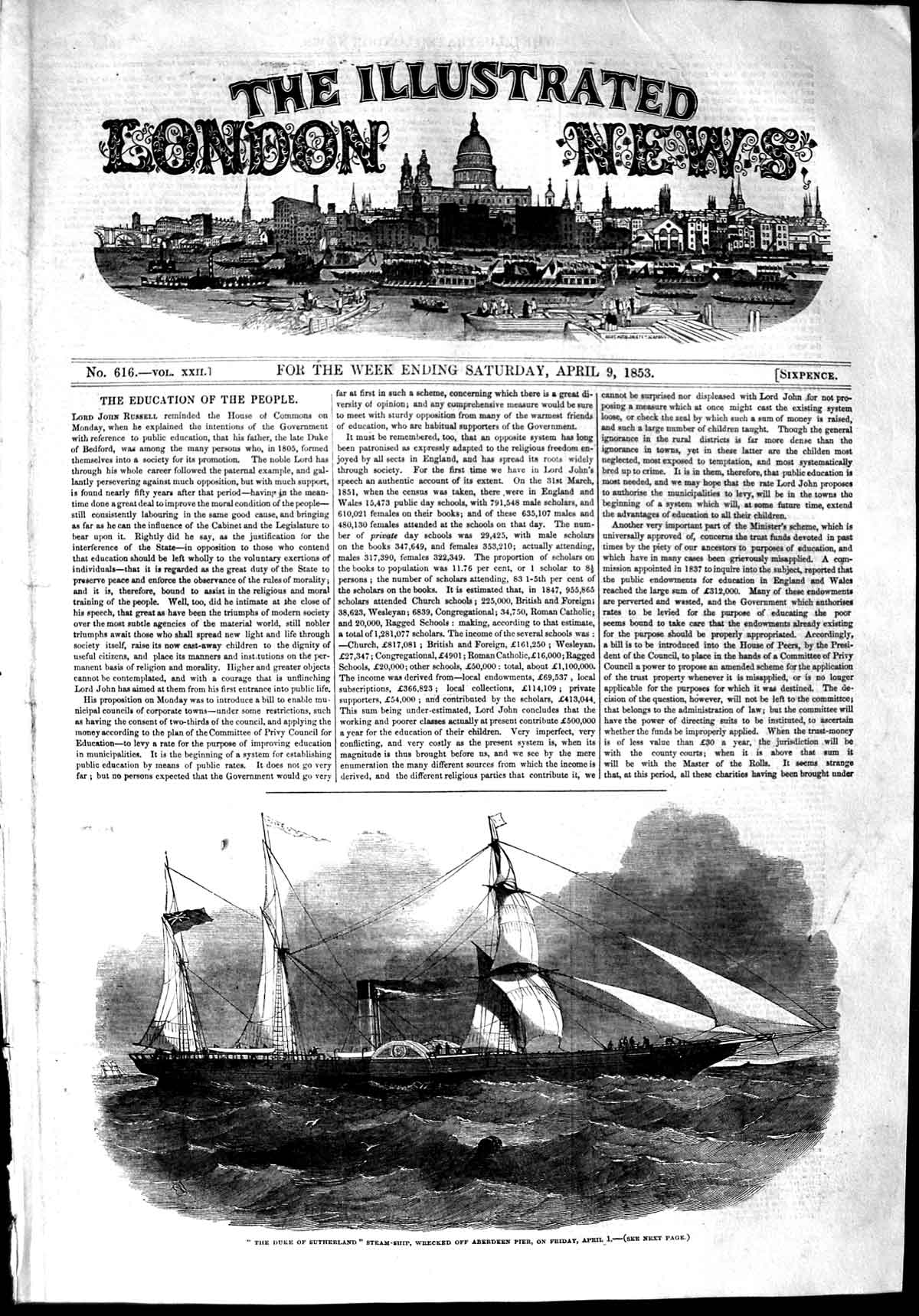 Old Antique Print 1853 Duke Sutherland Steam Ship Aberdeen Pier Scotland 19th