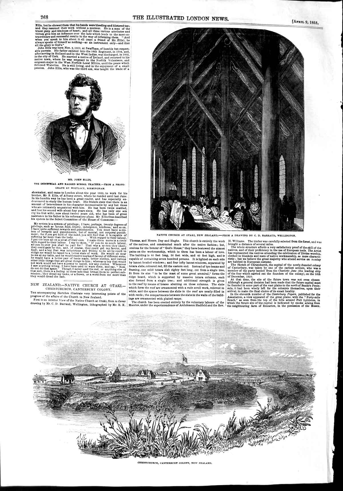 Original Old Antique Print 1853 John Ellis Church Otaki New Zealand Chris 19th