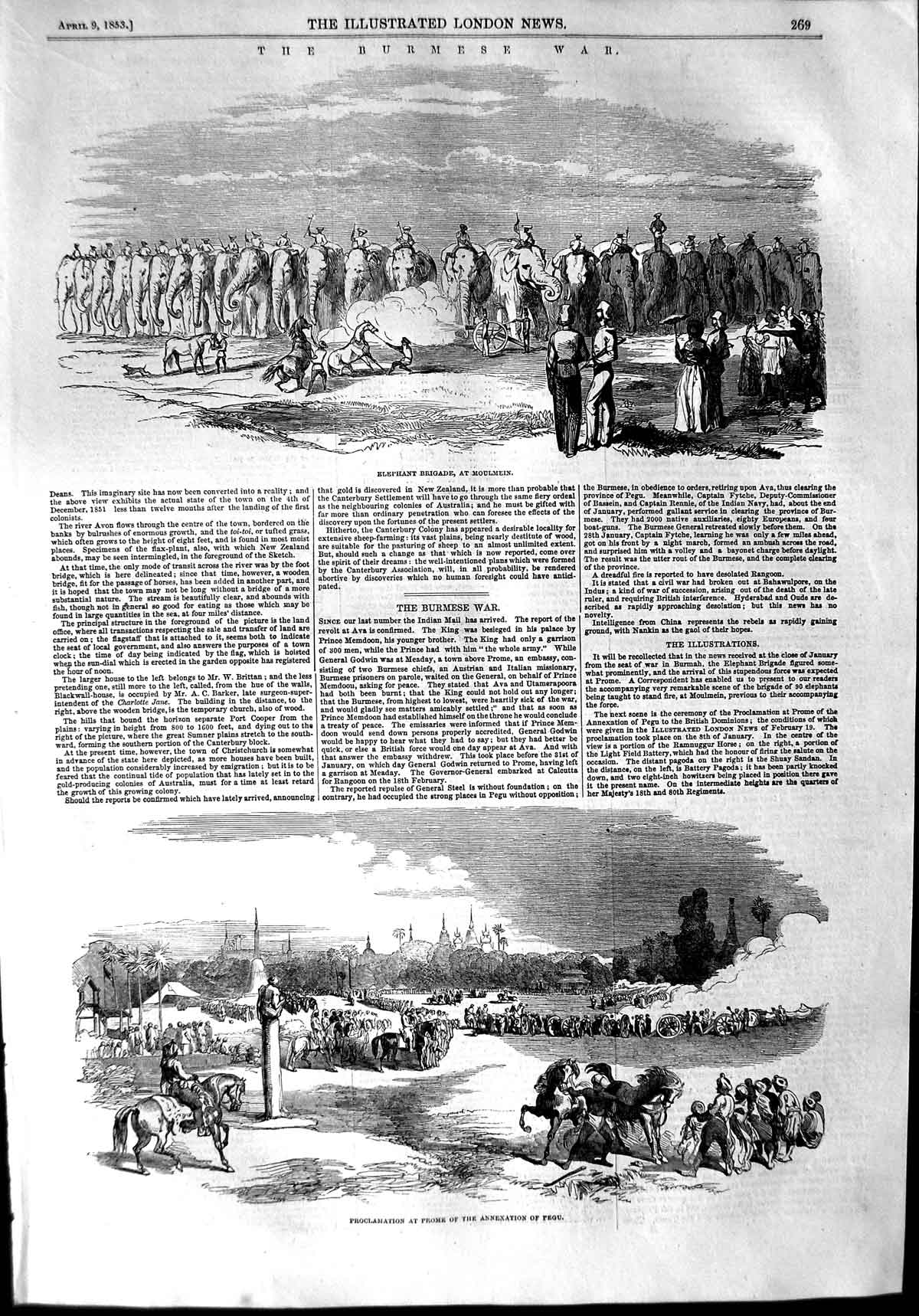 Original Old Antique Print 1853 Burmese War Elephant Moulmein Prome Pegu Siers