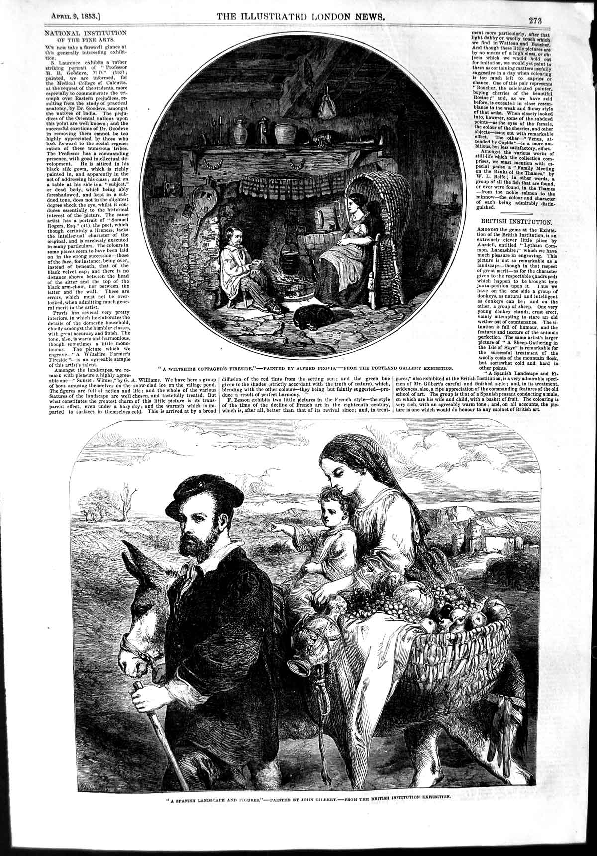 Old Antique Print 1853 Wiltshire Cottage Fireside Spanish Family Gilbert 19th