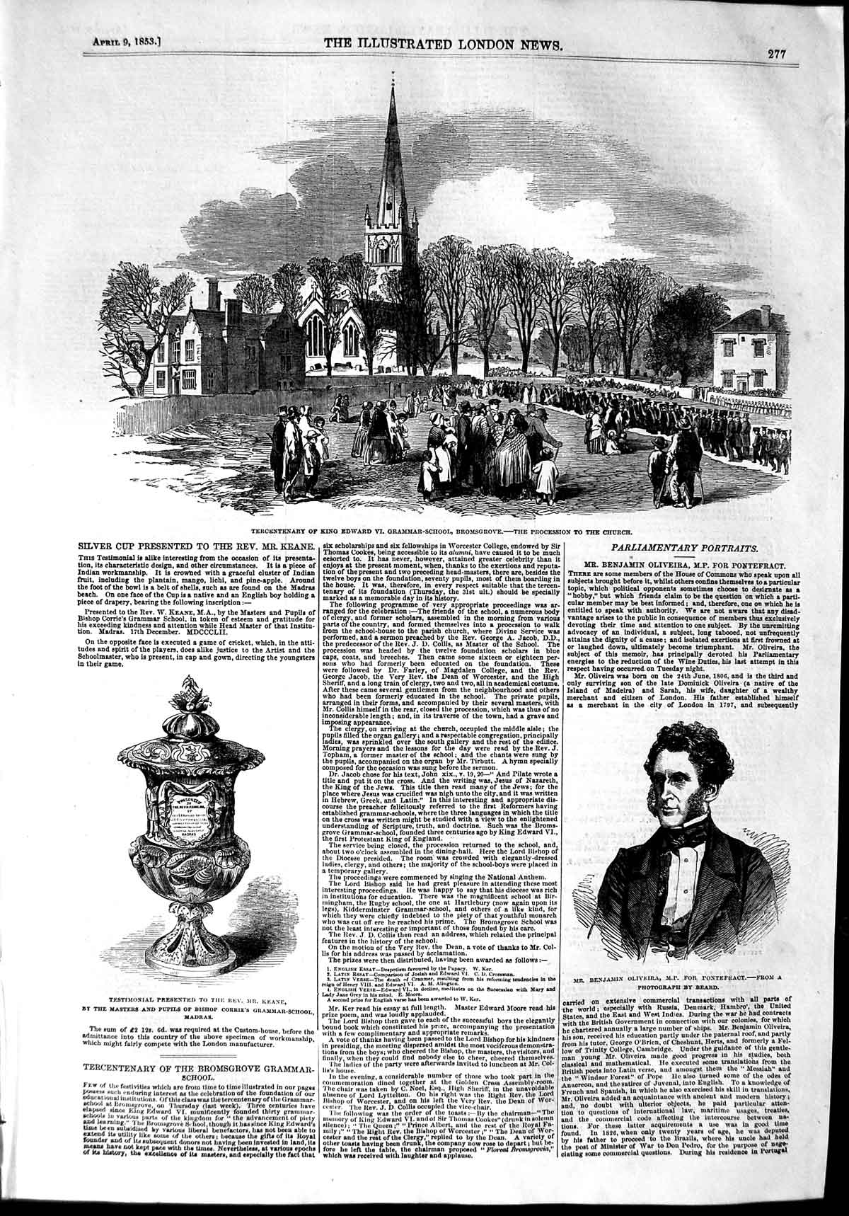 Old Antique Print 1853 Benjamin Oliveira Grammar King School Bromsgrove 19th