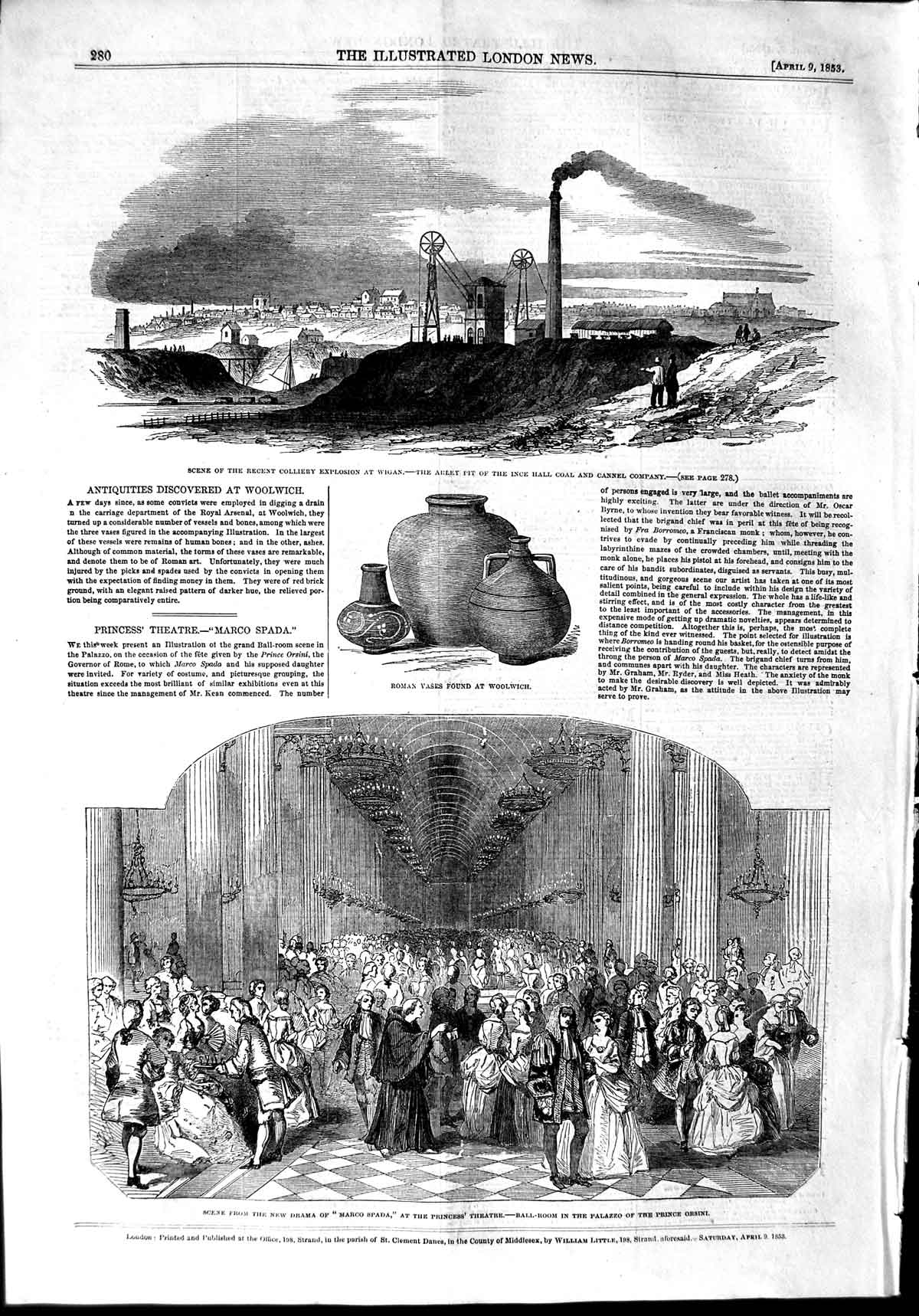 Old Antique Print 1853 Colliery Explosion Wigan Coal Cannel Marco Spada 19th