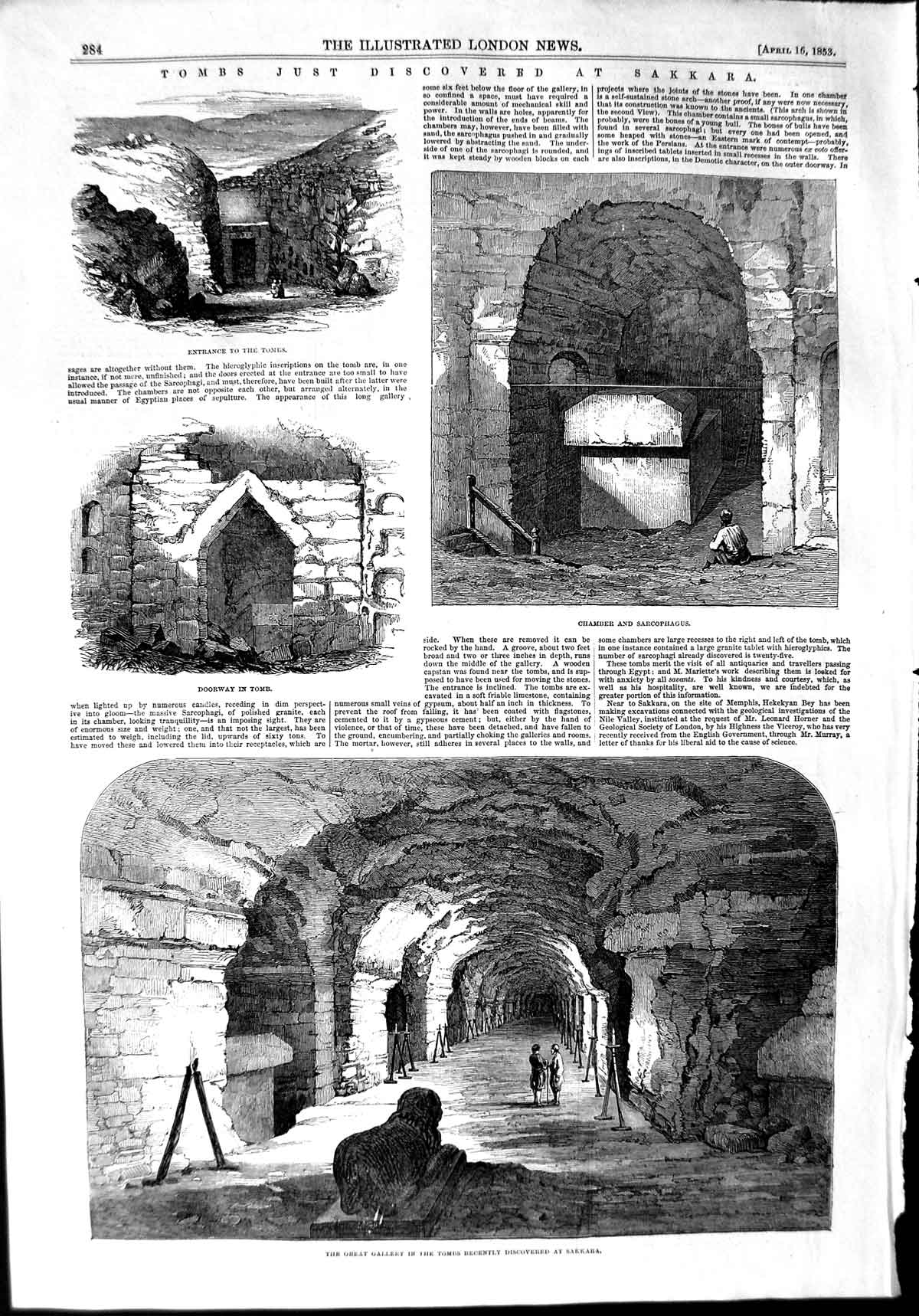 Original Old Antique Print 1853 Tombs Sakkara Chamber Sarcophagus Archaeology