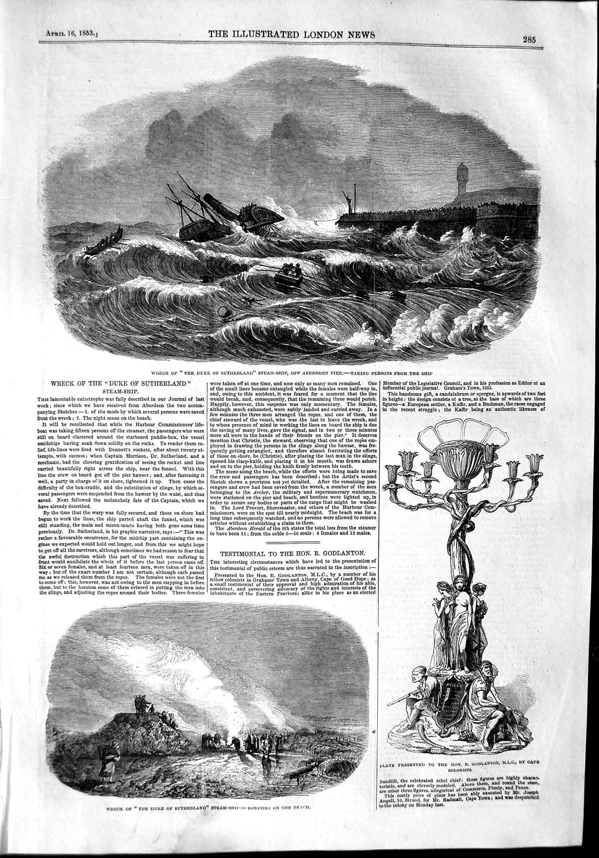 Original Old Antique Print 1853 Ship Wreck Duke Sutherland Aberdeen Godlanton