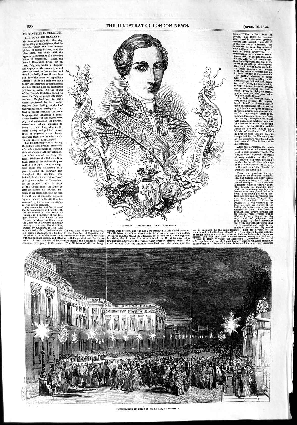 Old Antique Print 1853 Duke De Brabant Rue La Loi Brussels Illumination 19th