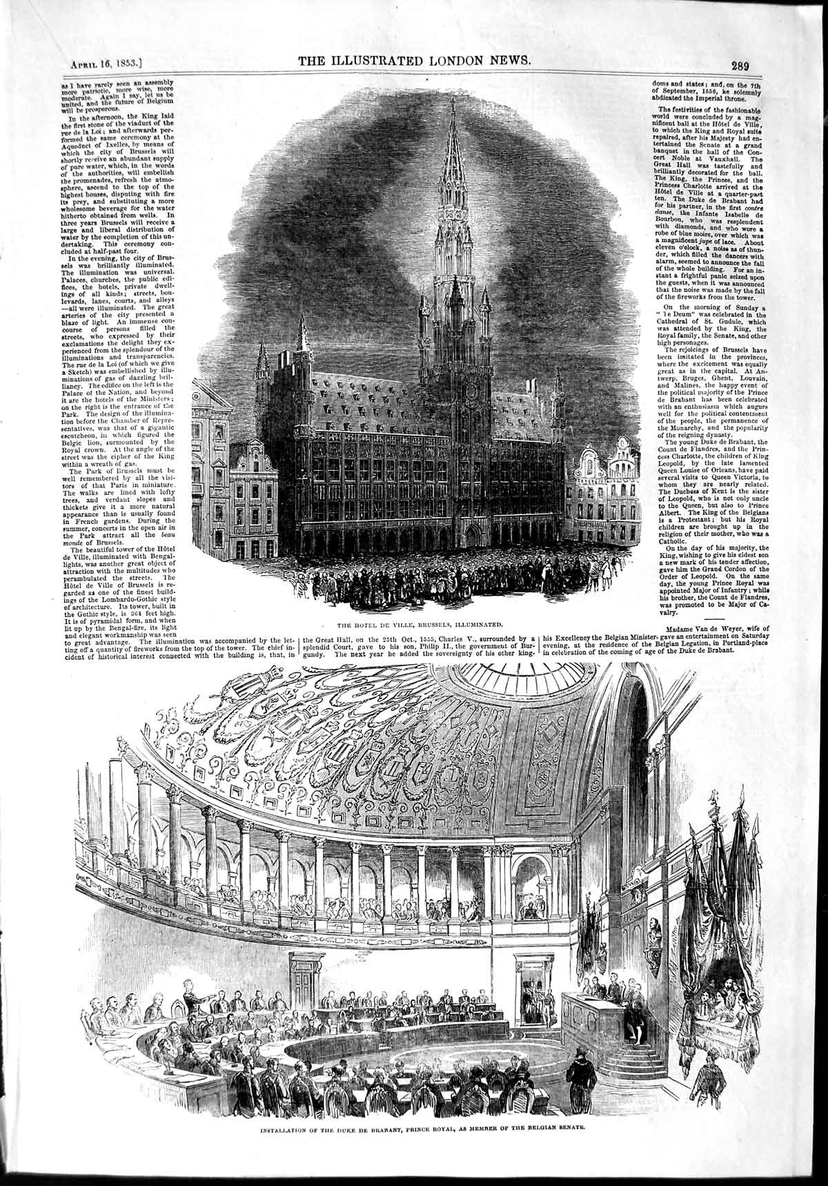 Old Antique Print 1853 Hotel De Ville Brussels Duke Brabant Prince Royal 19th