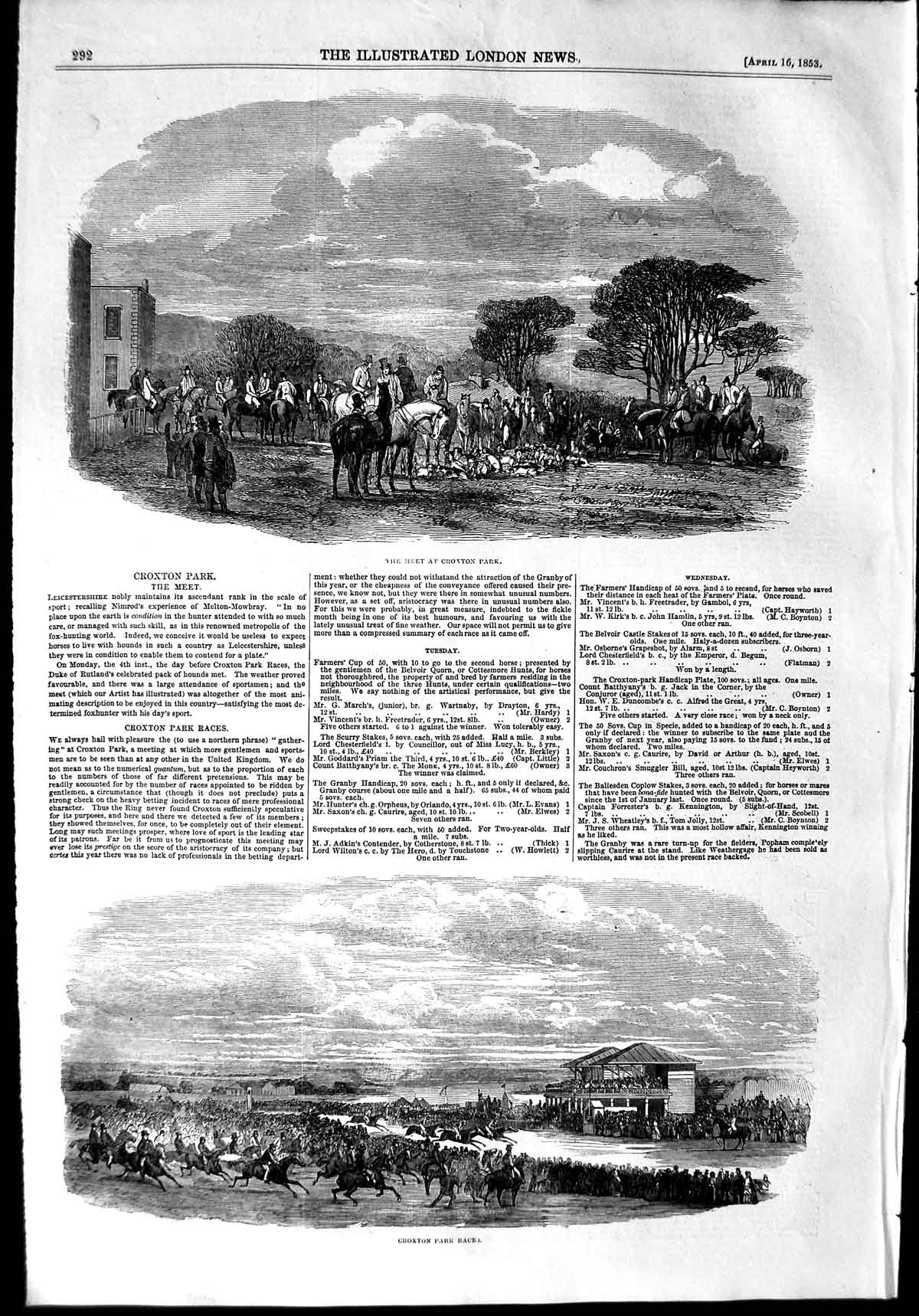 Original Old Antique Print 1853 Hunting Croxton Park Races Hounds Dogs Victorian