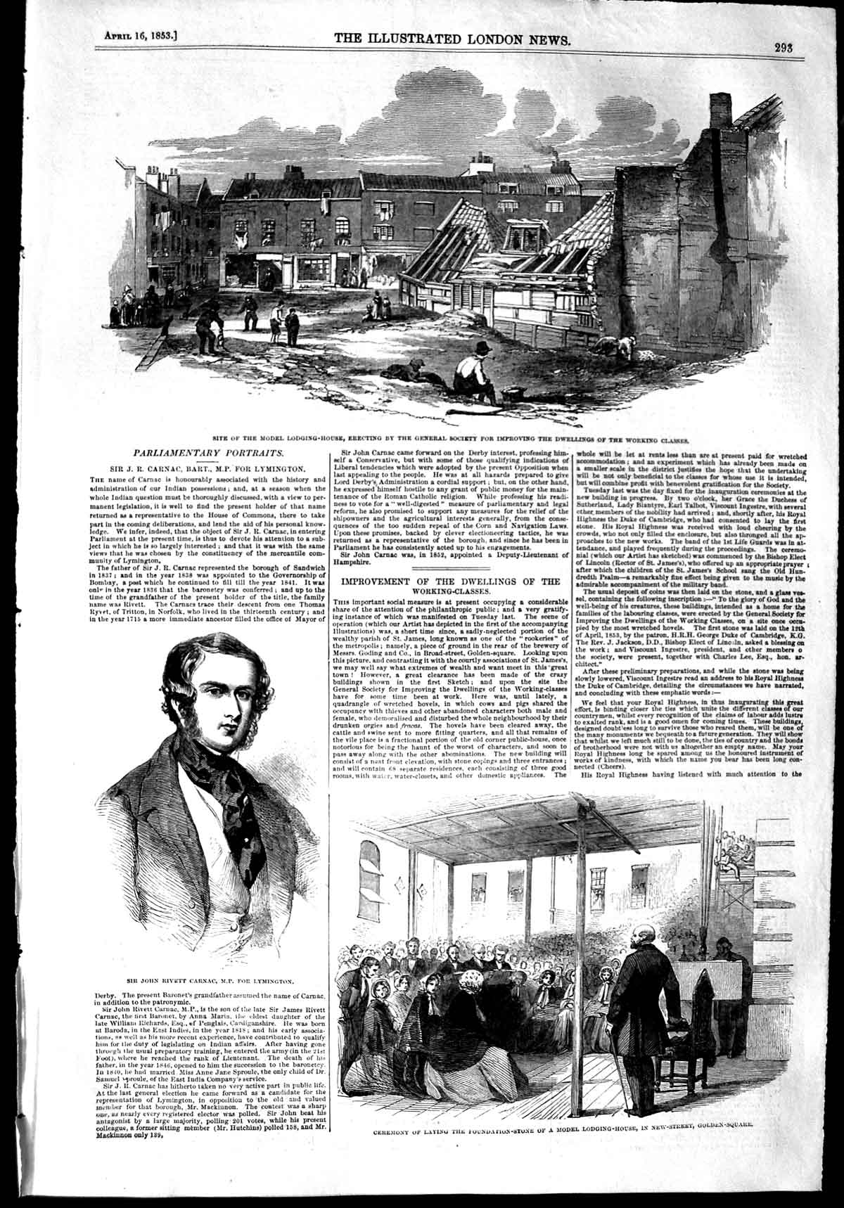 Original Old Antique Print 1853 John Rivett Carnac Model Lodging-House New 19th