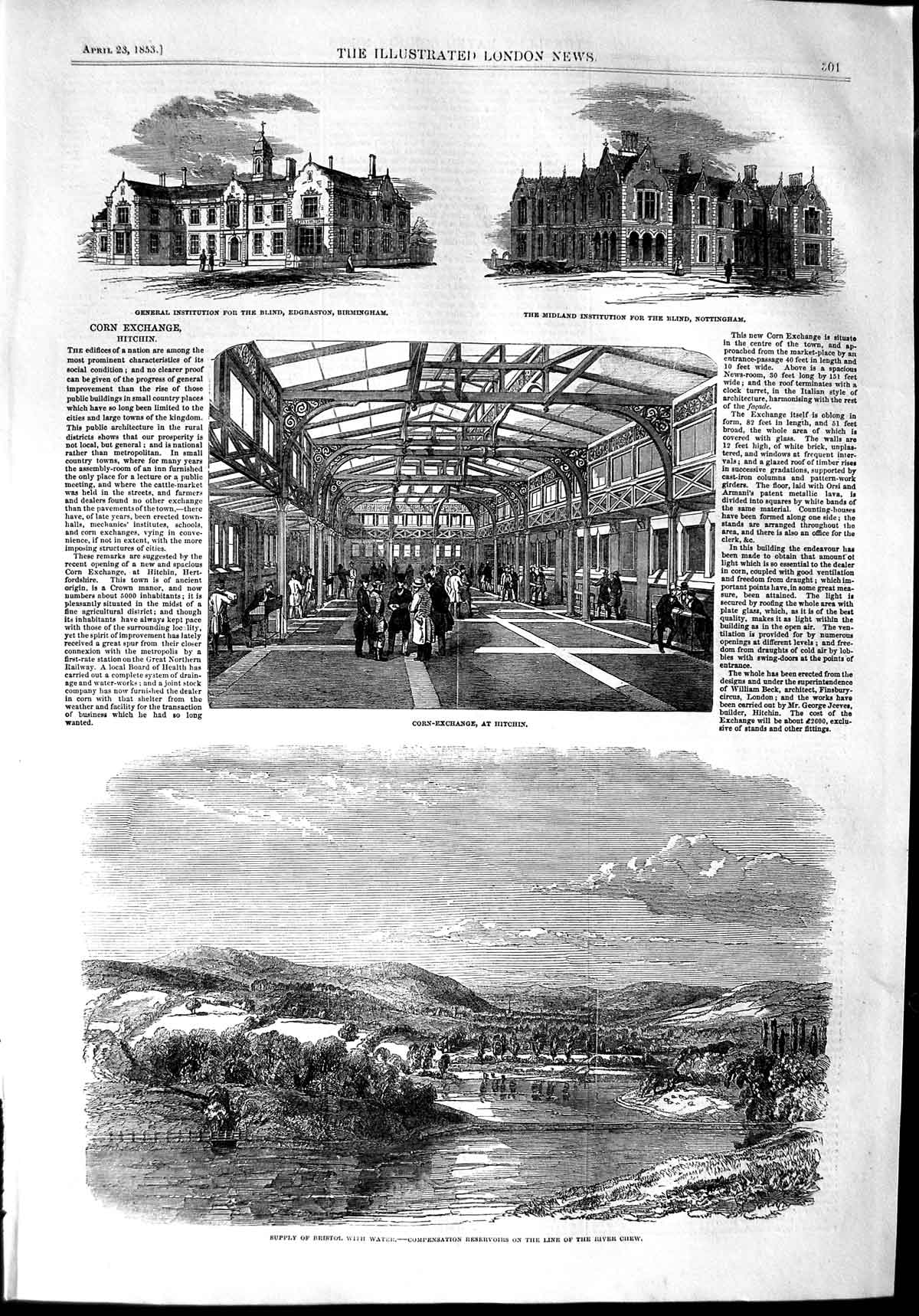 Old Antique Print 1853 Corn Exchange Hitchin Blind Birmigham Nottingham 19th