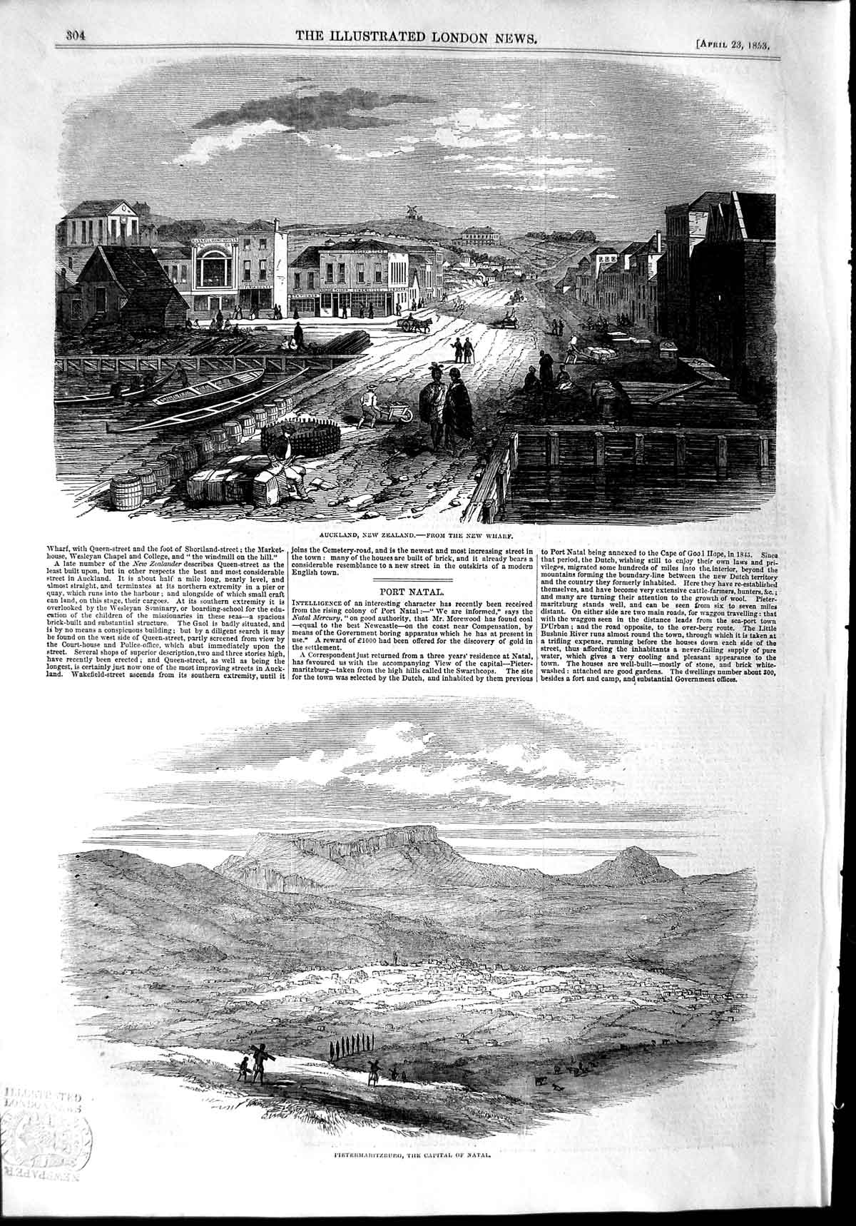 Original Old Antique Print 1853 View Auckland New Zealand Pietermaritzbur 19th