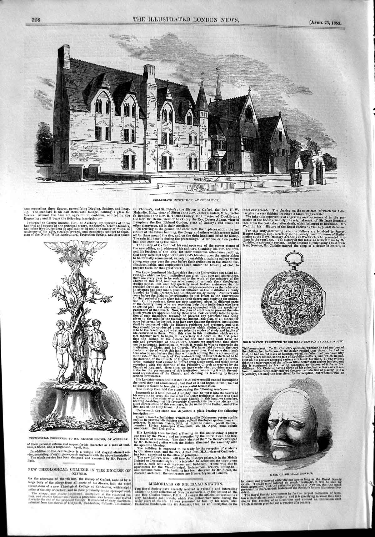 Original Old Antique Print 1853 Collegiate Cuddeson Isaac Newton George Brown