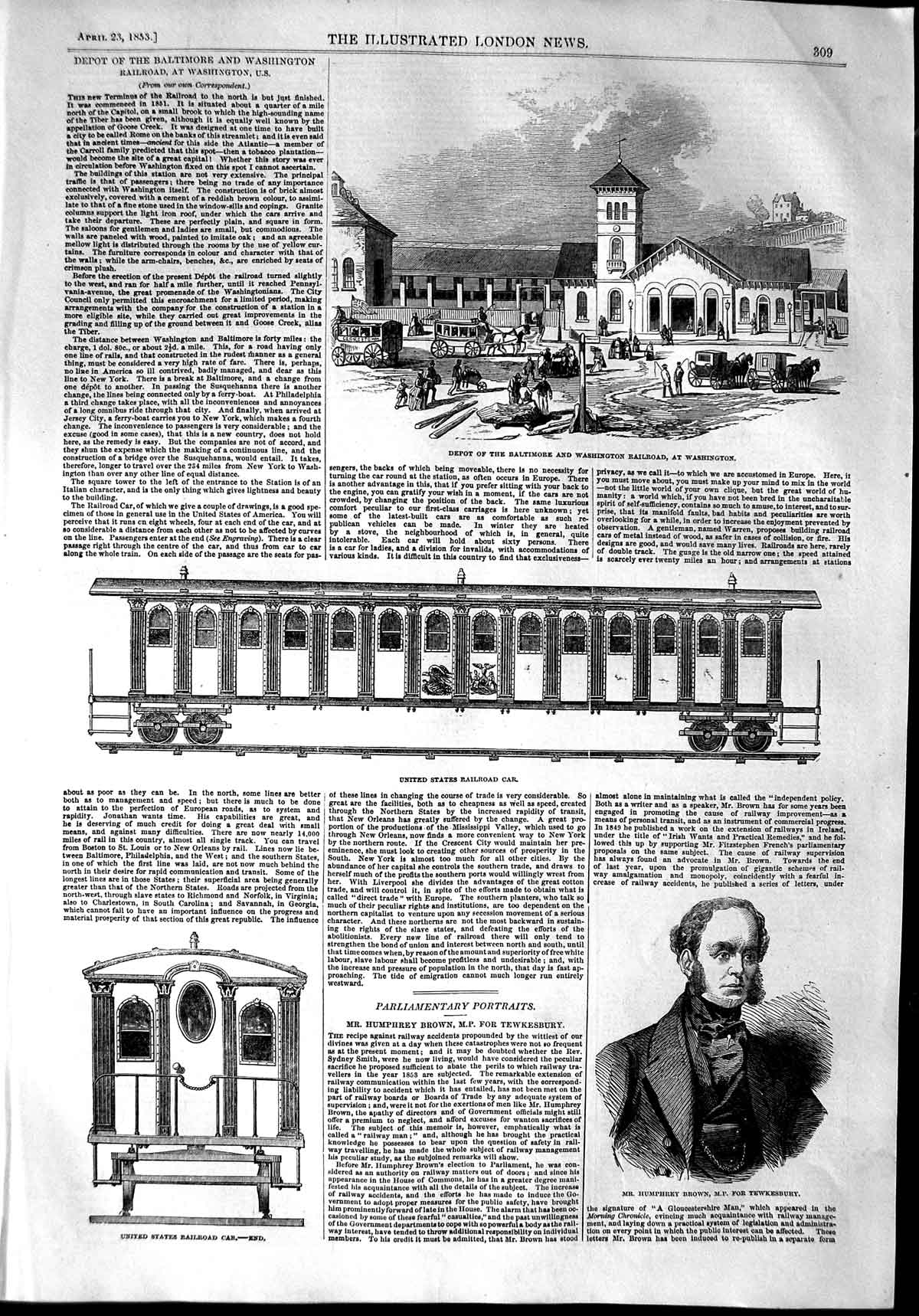 Old Antique Print 1853 Baltimore Washington Railway Train Humphrey Brown 19th