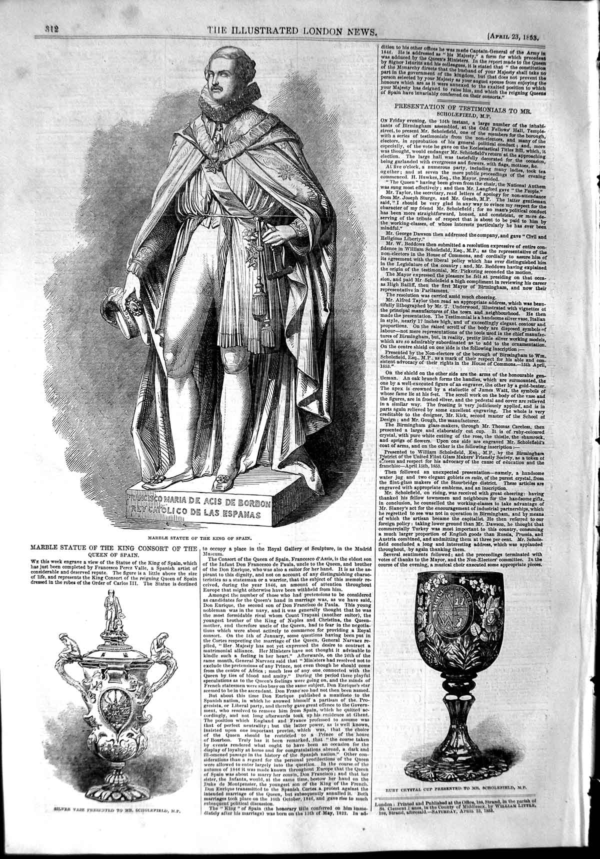 Old Antique Print 1853 Marble Statue King Spain Silver Vase Scholefield 19th