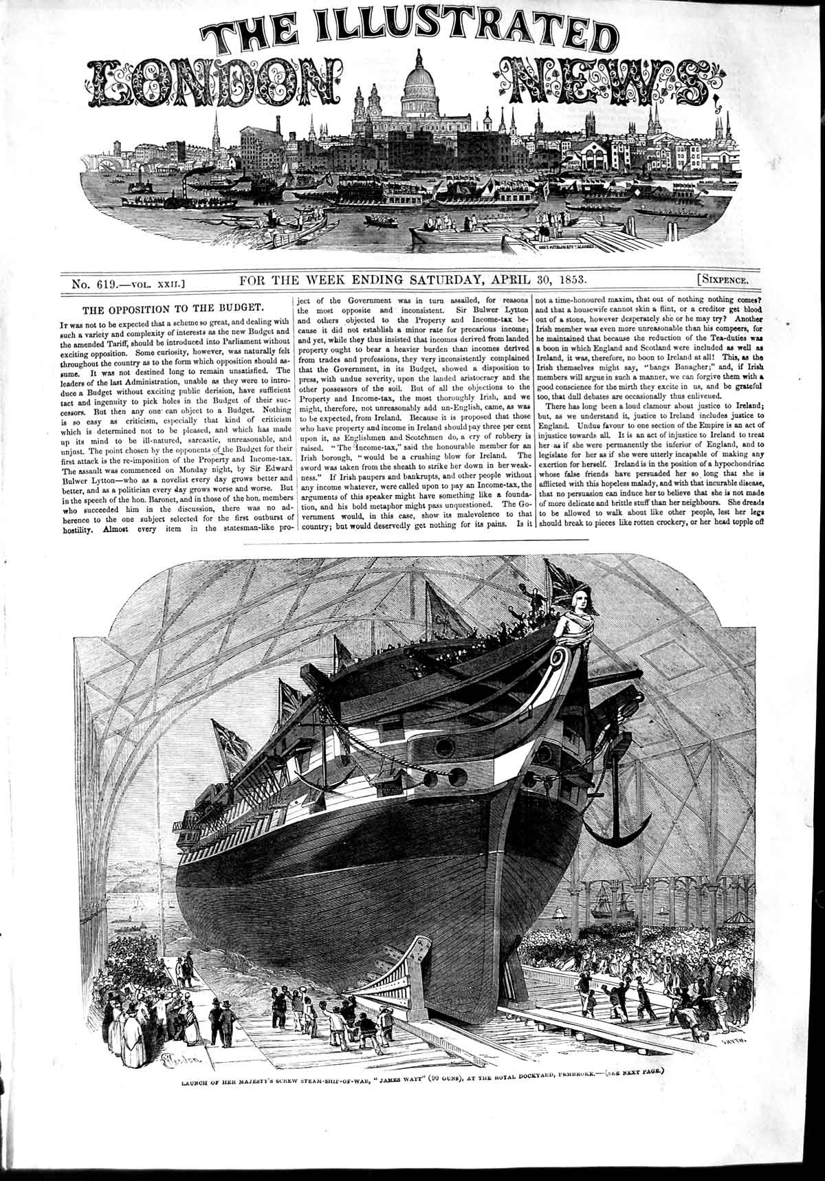 Original Old Antique Print 1853 Launch Majesty Steam Ship War James Watt P 19th