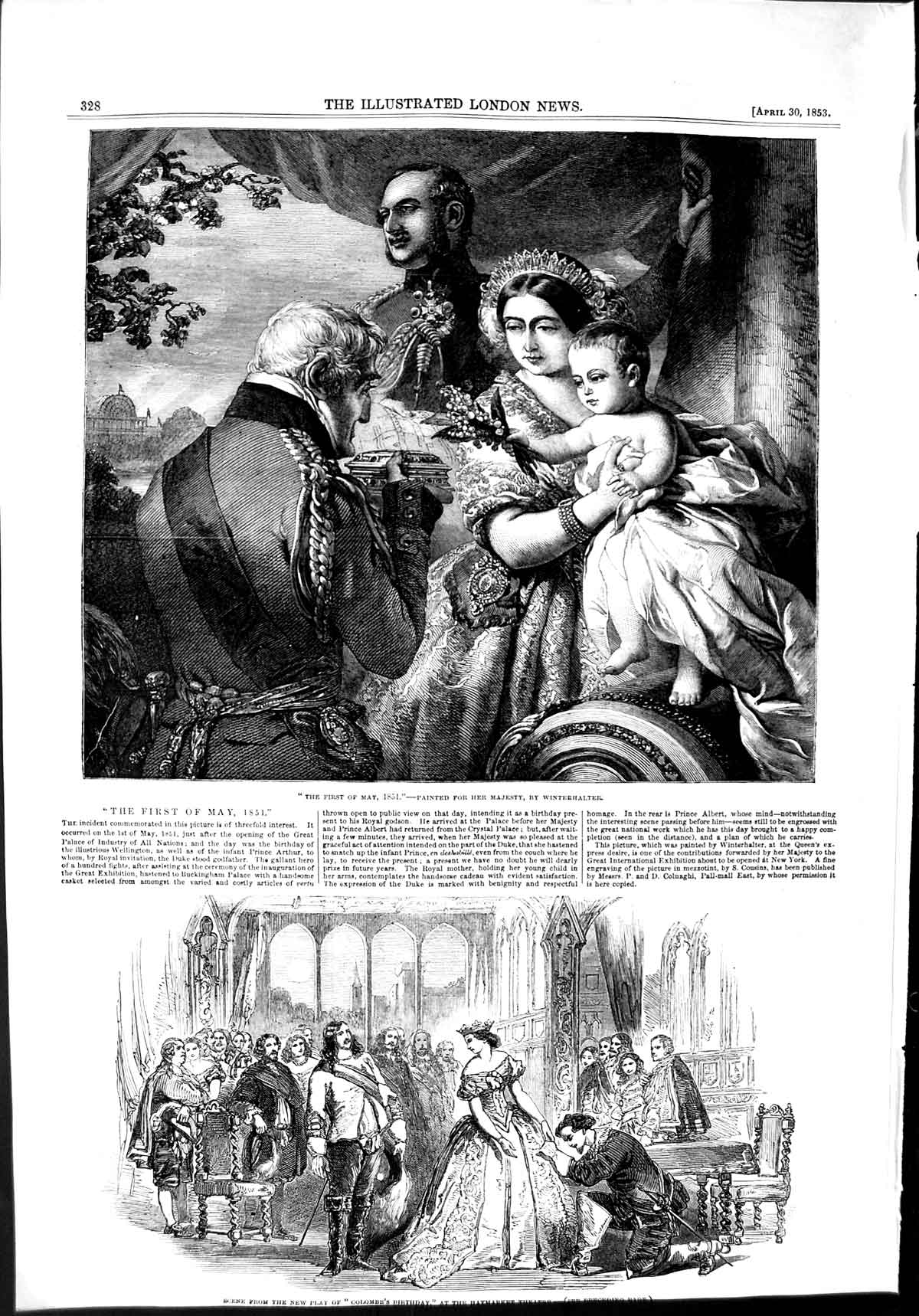 Original Old Antique Print 1853 Colombe Birthday Haymarket Theatre Queen King