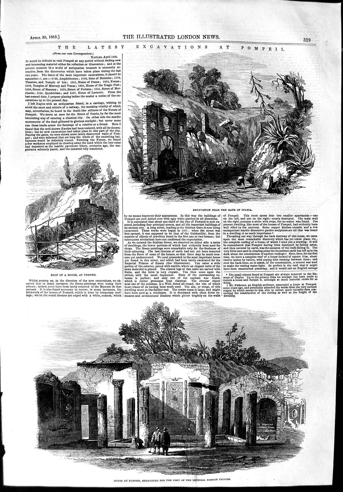 Original Old Antique Print 1853 Gate Stabia Pompeii Excavations Arch Victorian