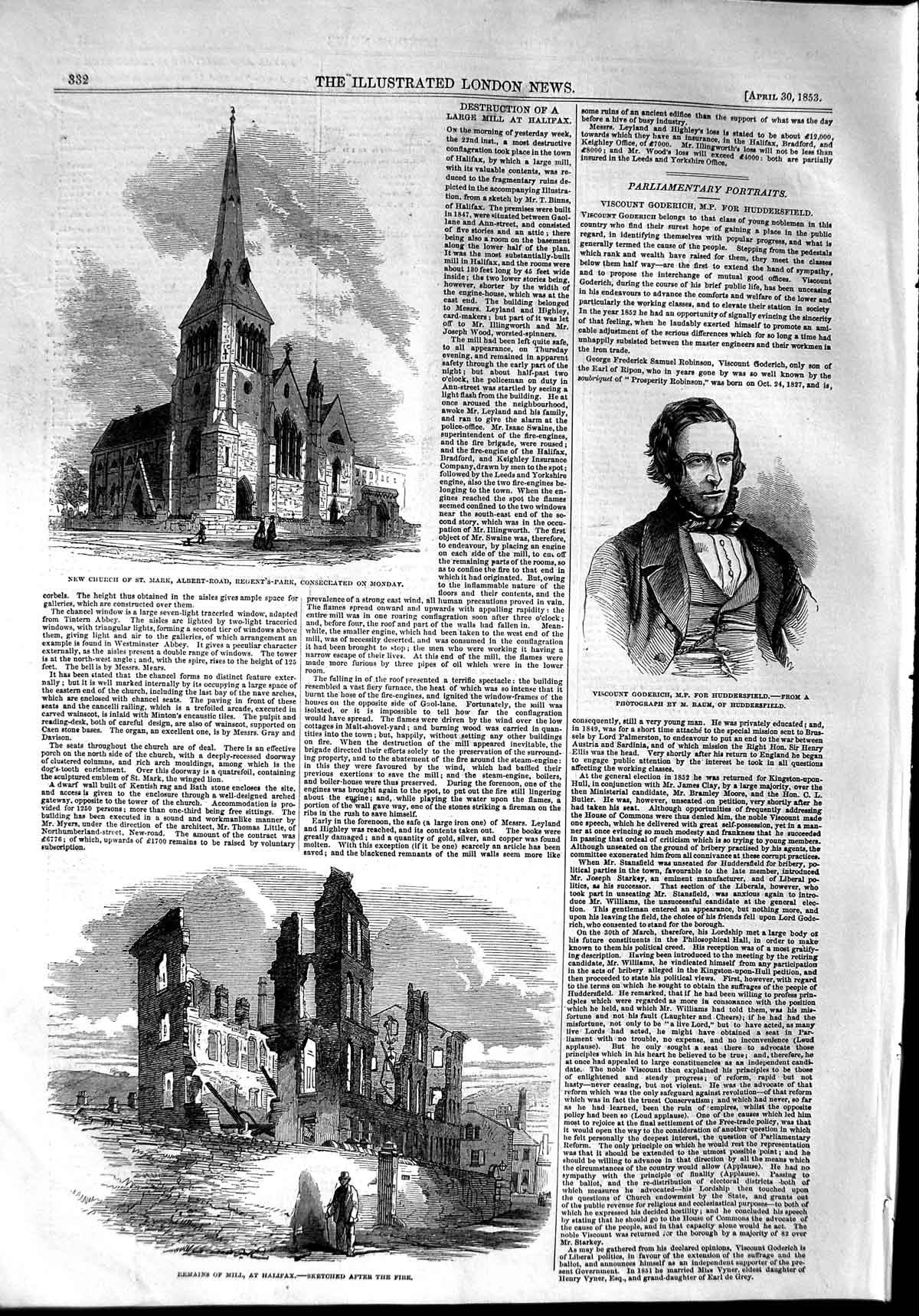 Original Old Antique Print 1853 Church Mark Regent'S Park Goderich Mill Halifax