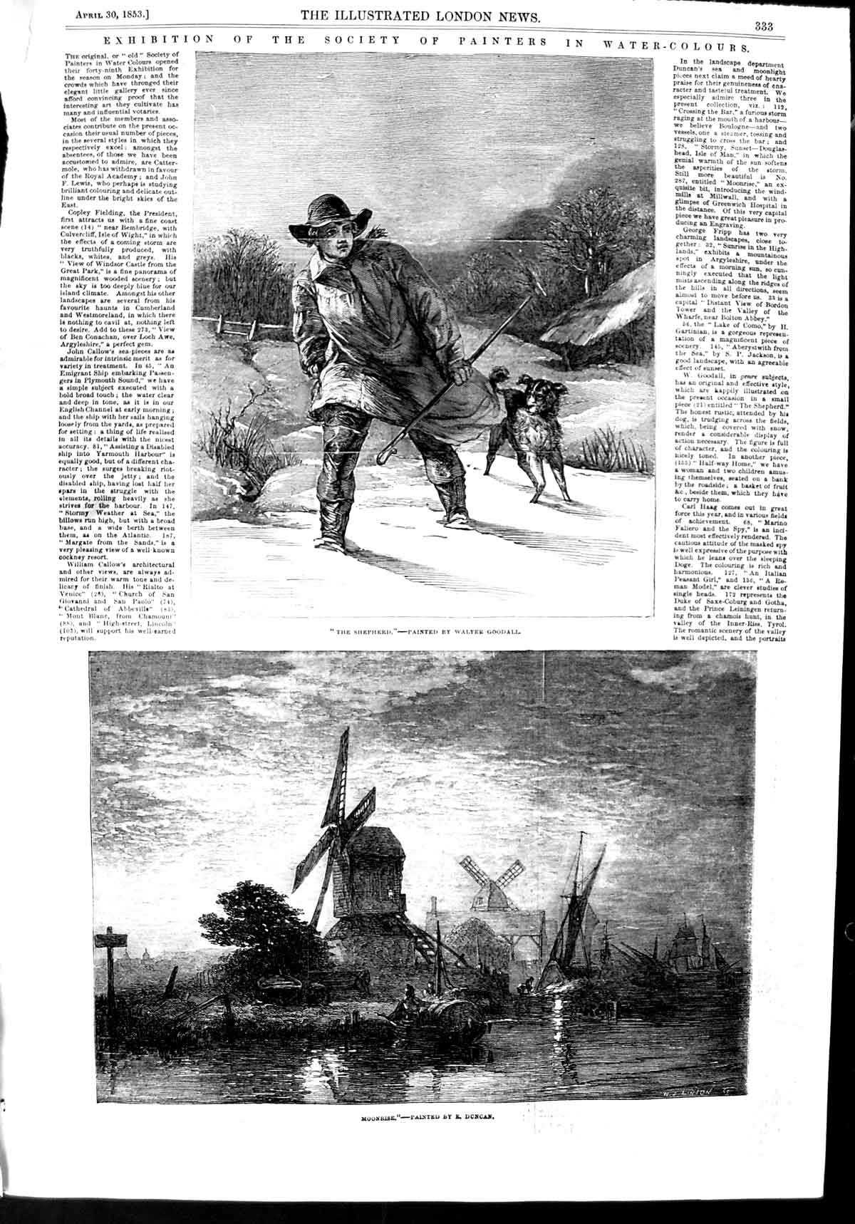 Old Antique Print 1853 Art Goodall Shepherd Dog Windmills Moonrise Duncan 19th