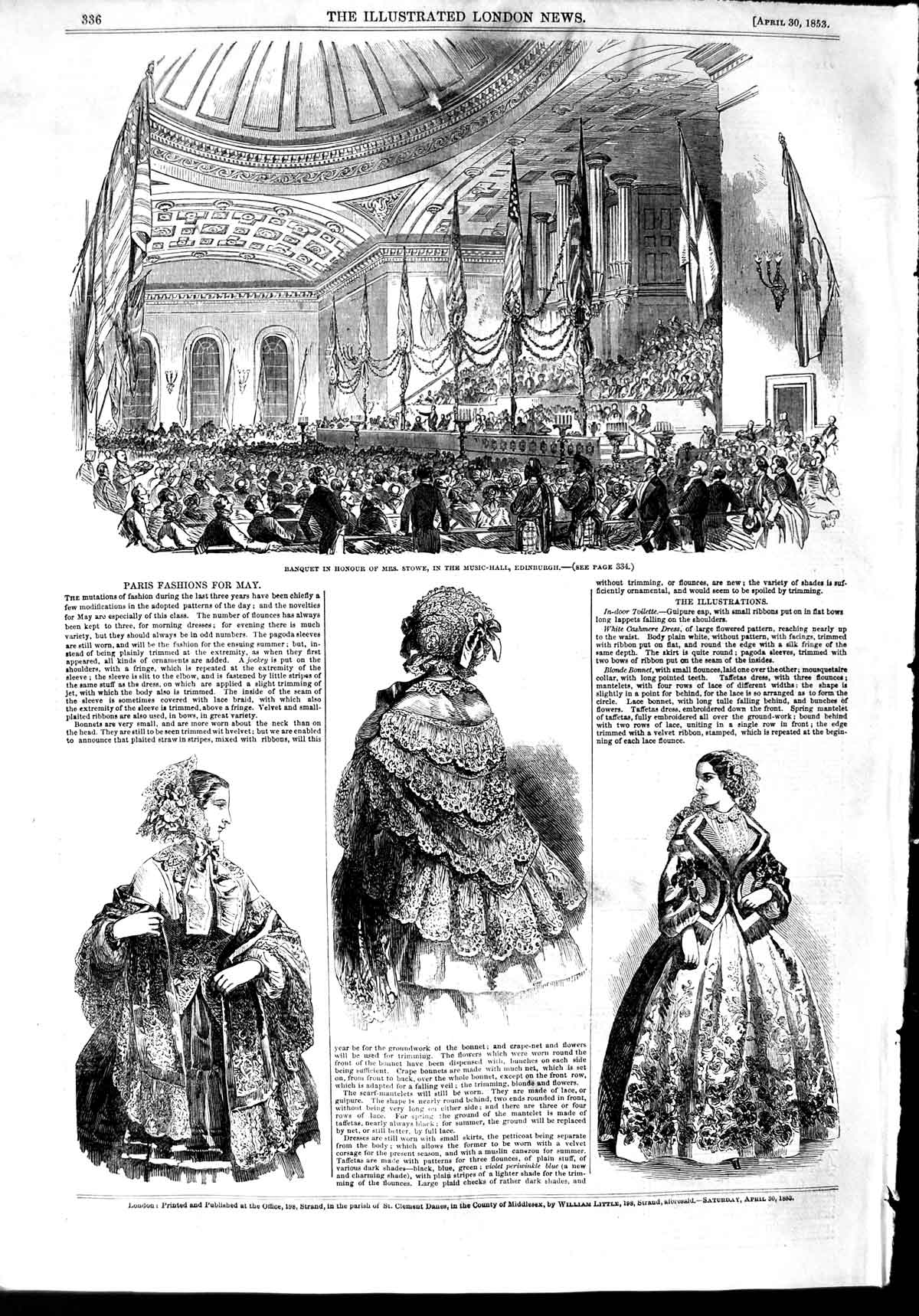 Old Antique Print 1853 Banquet Stowe Music-Hall Edinburgh Paris Fashion 19th