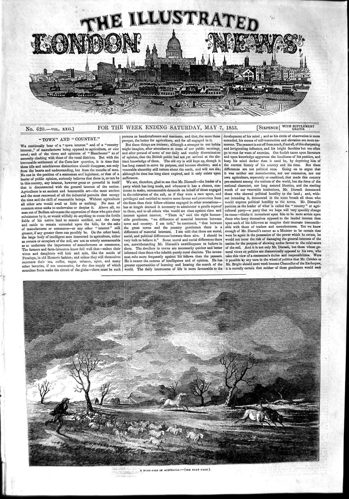 Original Old Antique Print 1853 Scene Bush Fire Australia Sheep Farmer Horses