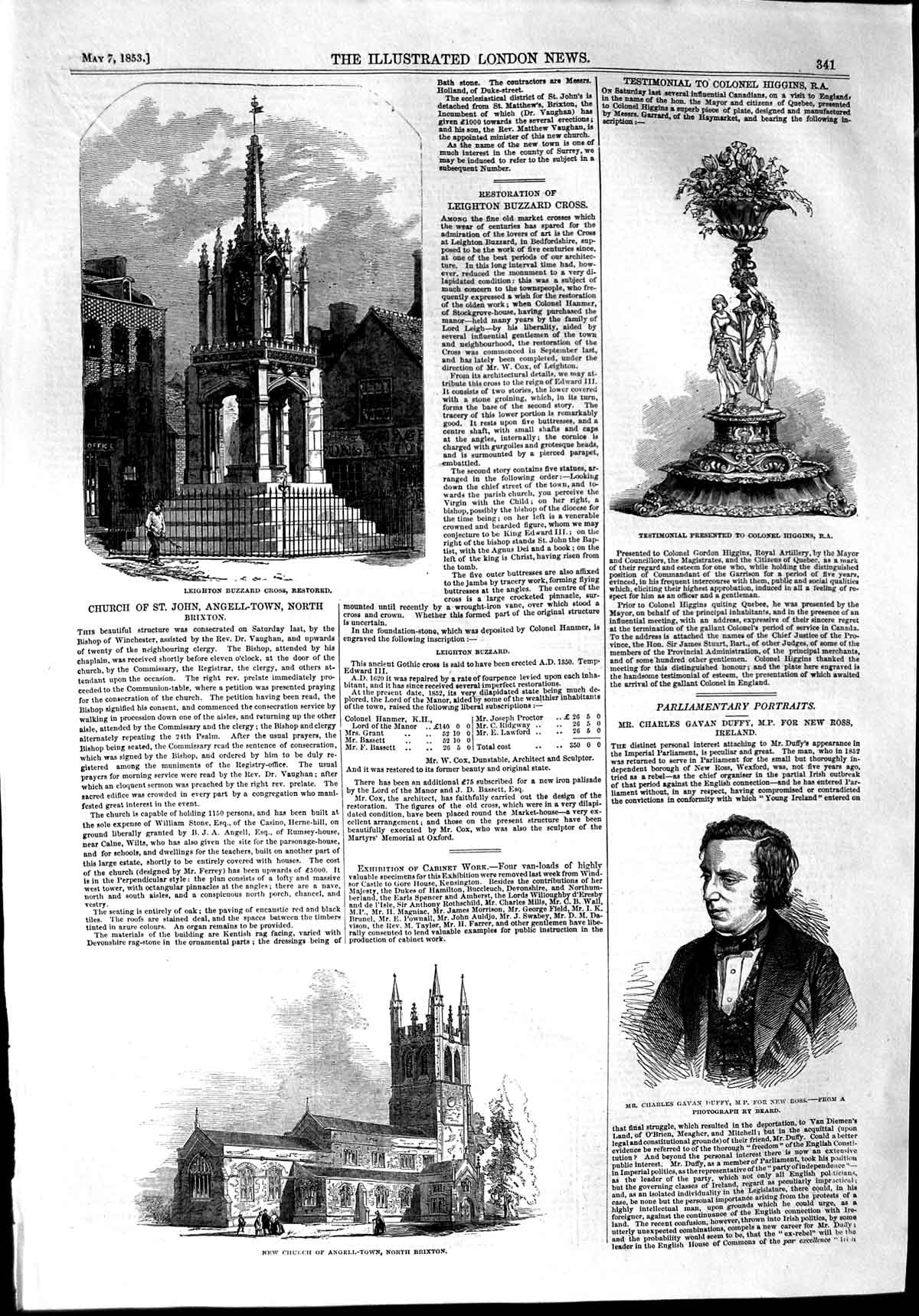 Old Antique Print 1853 Leighton Buzzard Church Angell-Town Charles Duffy 19th