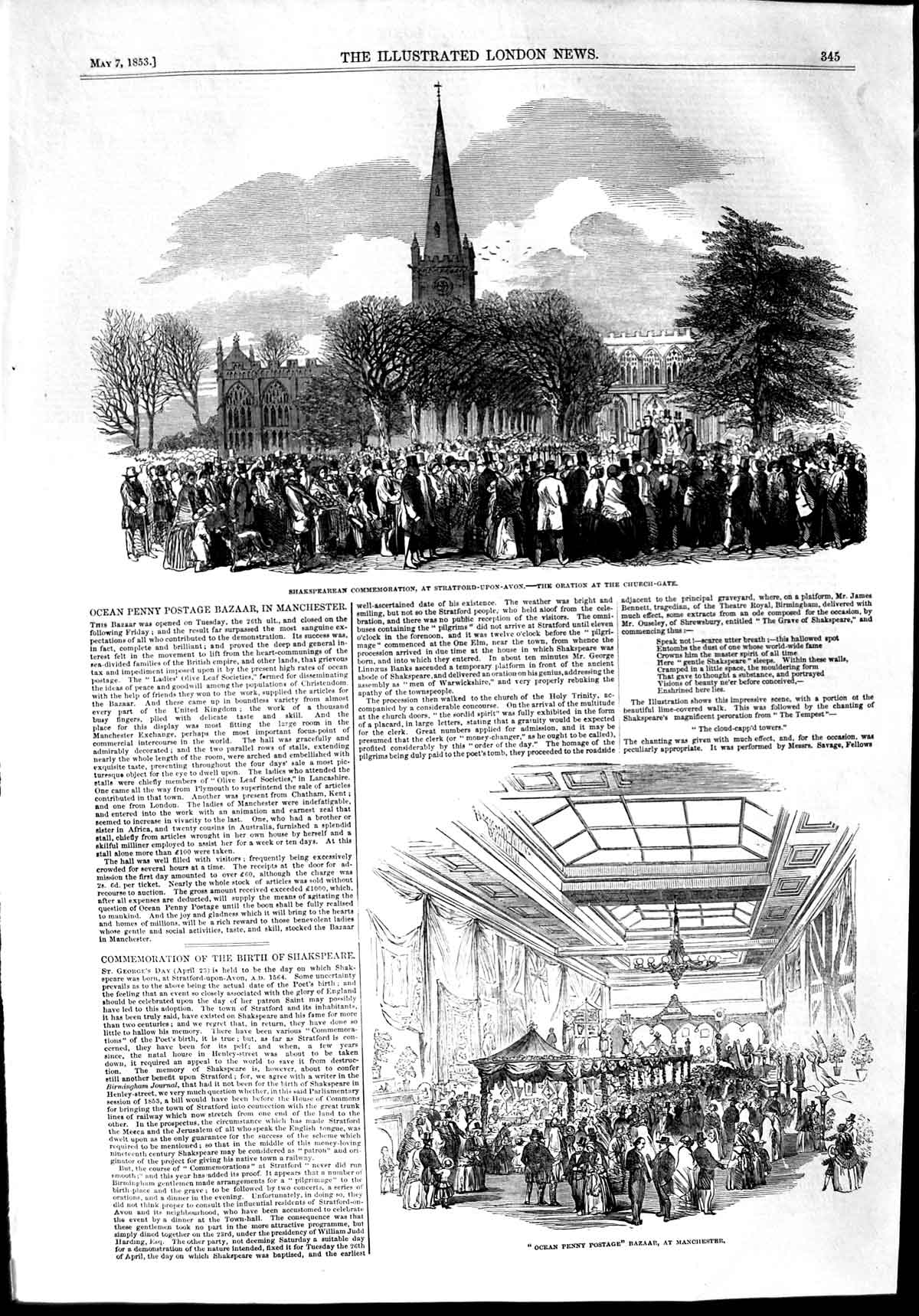 Old Antique Print 1853 Shakespeare Stratford-On-Avon Penny Postage Bazaar 19th