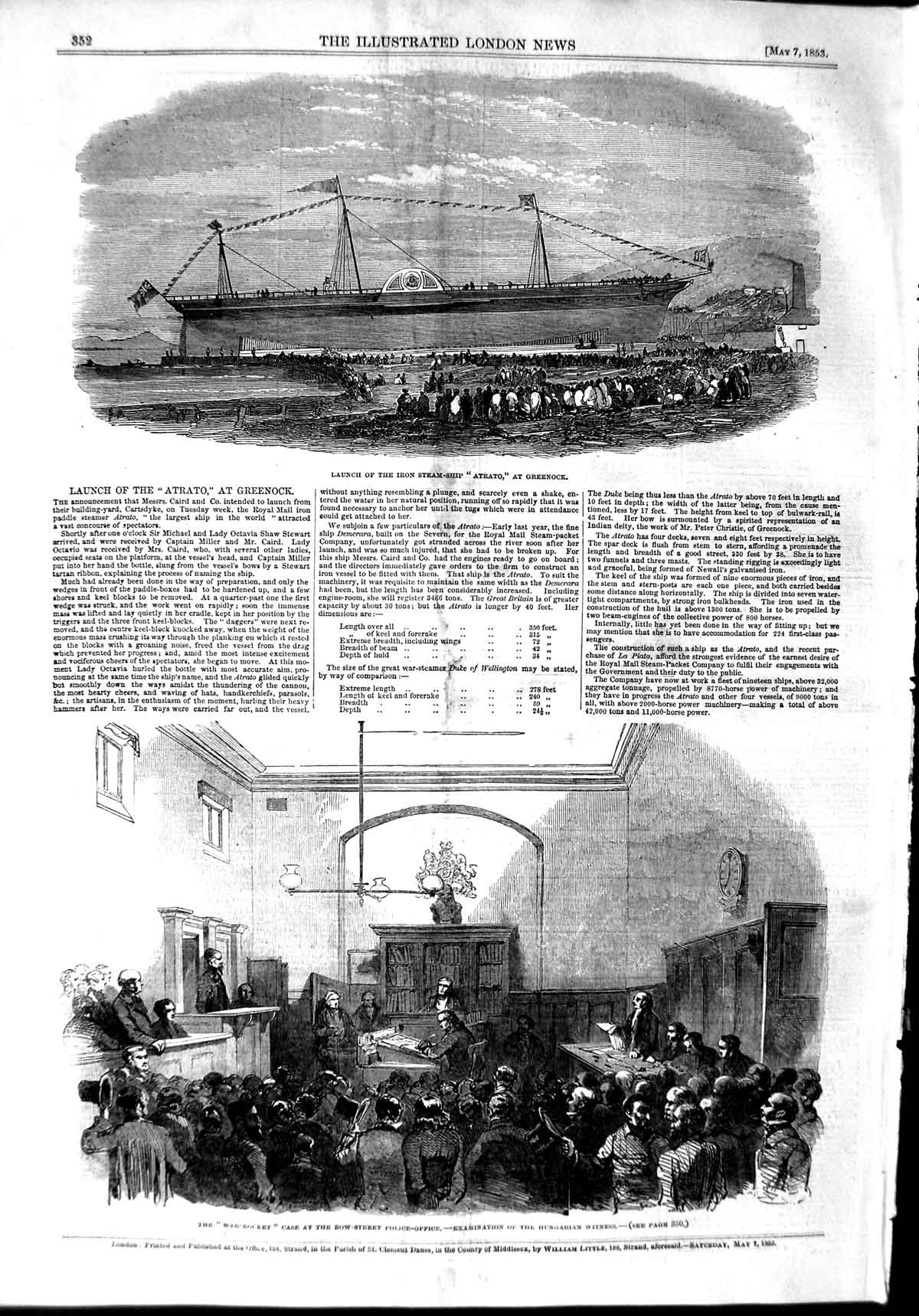 Old Antique Print 1853 Iron Steam Ship Atrato Greenock Bow Street Police 19th