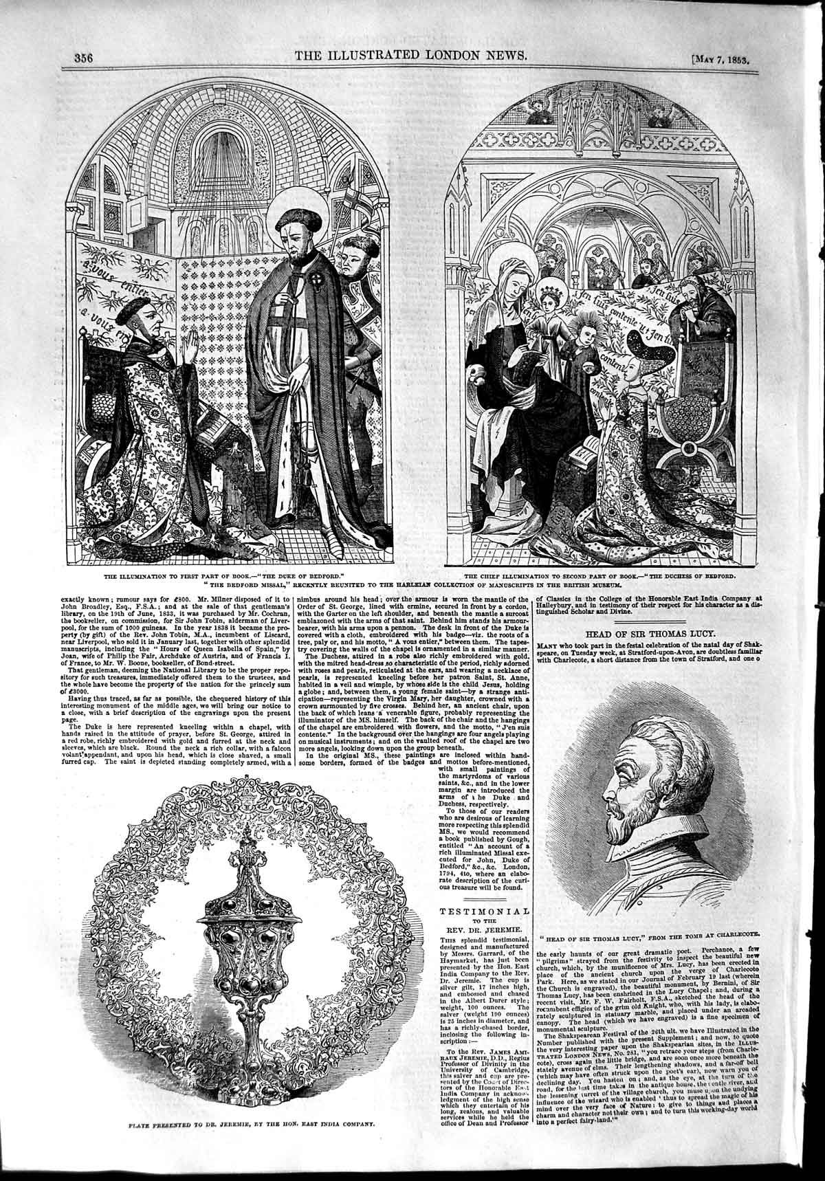 Original Old Antique Print 1853 Thomas Lucy Plate Jeremie Duke Bedford Missal