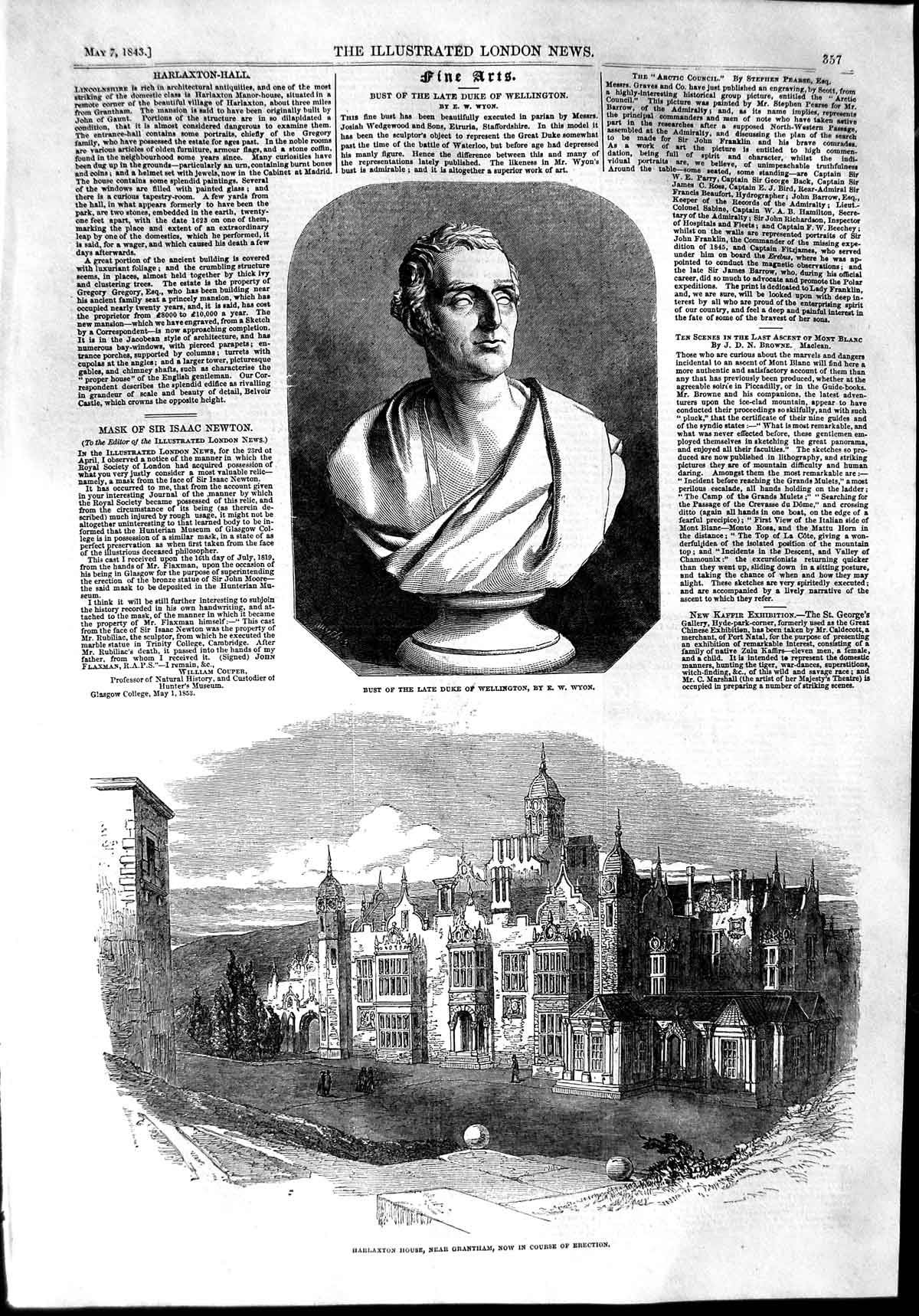 Original Old Antique Print 1853 Bust Duke Wellington Harlaxton House G Victorian