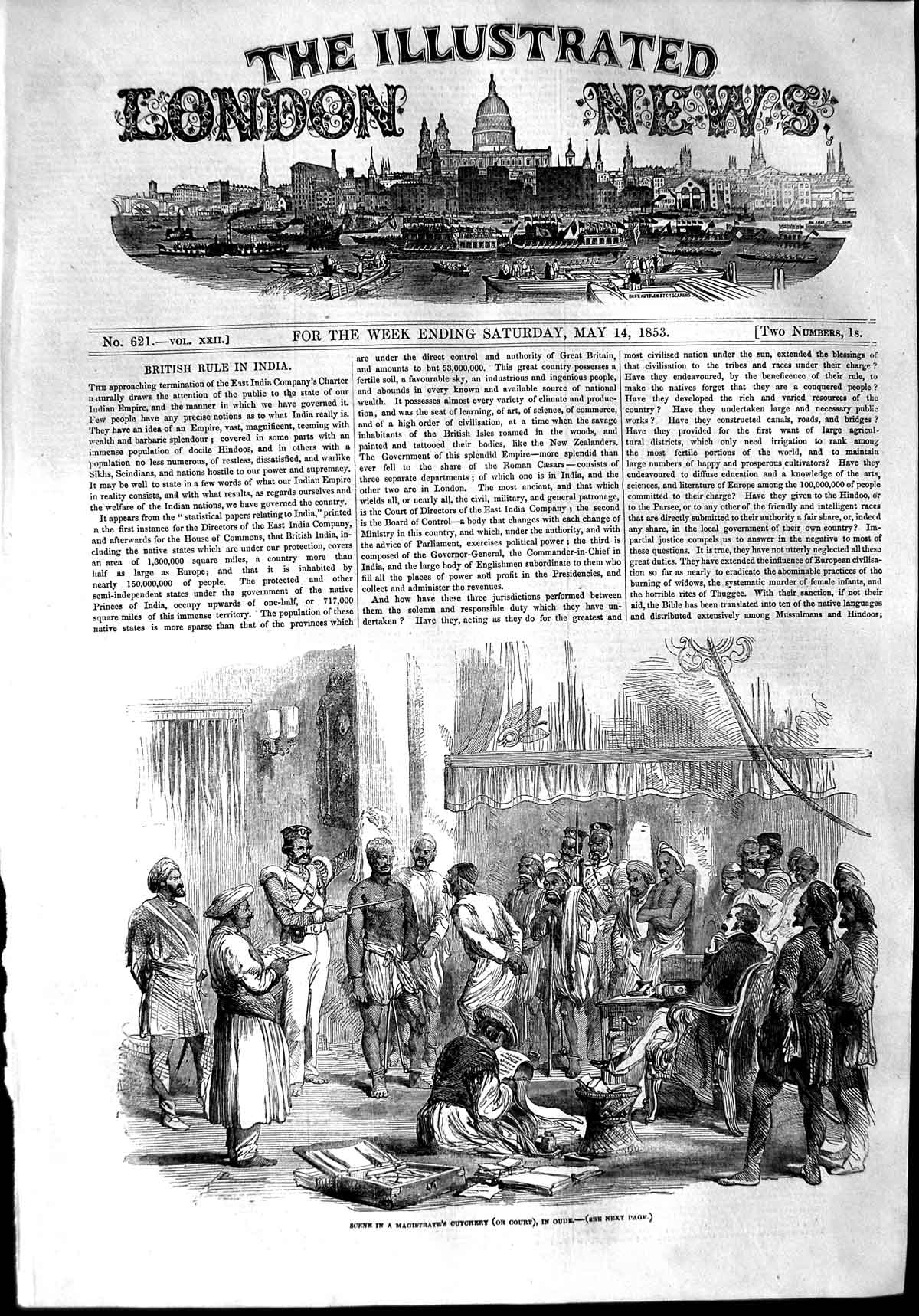Original Old Antique Print 1853 Scene Magistrates Cutchery Court Oude Natives