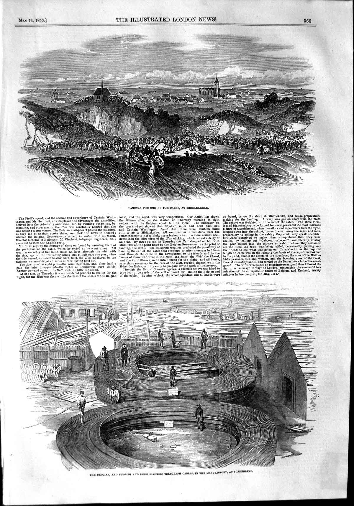 Original Old Antique Print 1853 Belgian Irish Telegraph Manufactory Sunderland