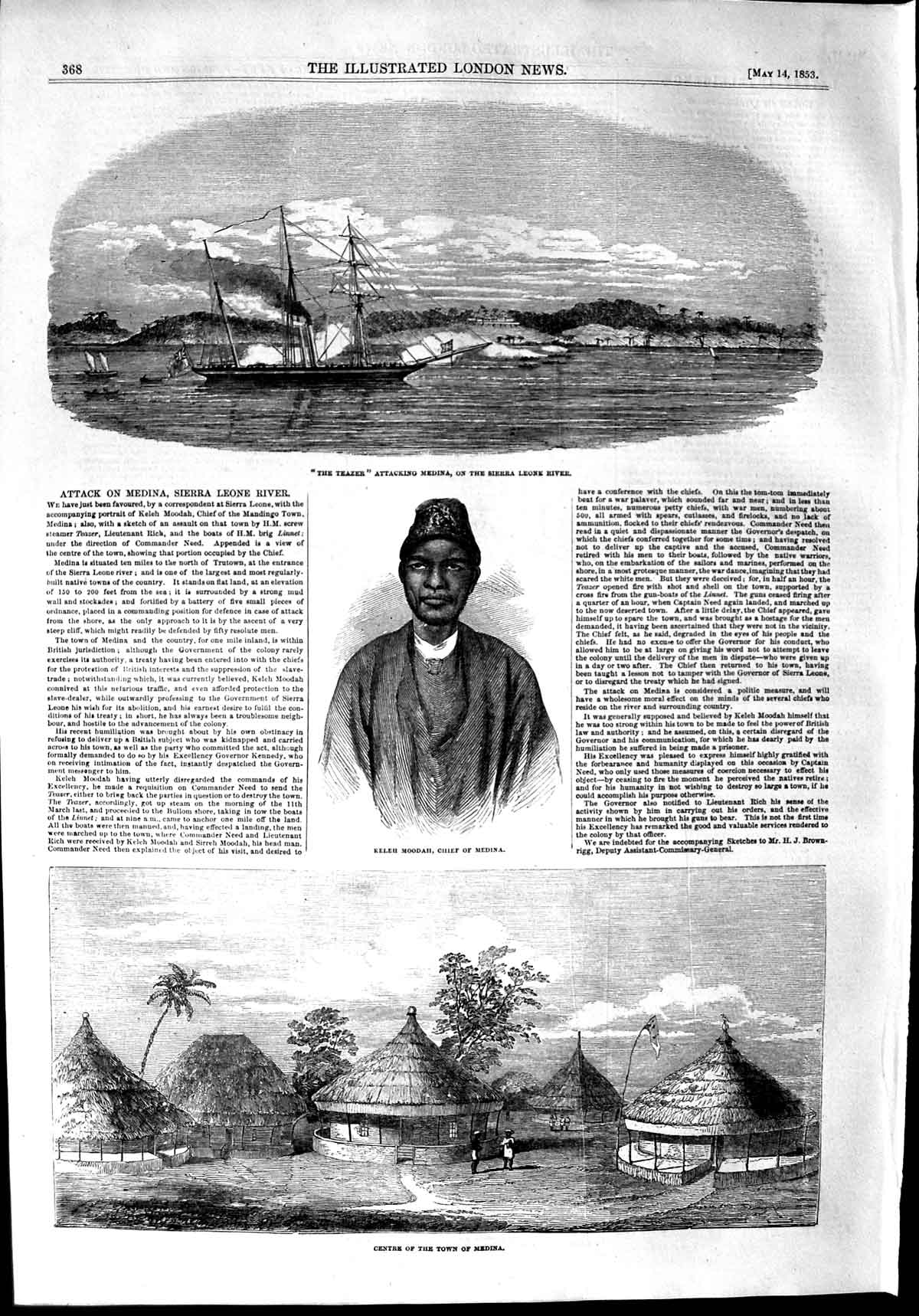 Old Antique Print 1853 Keleh Moddah Chief Medina Teazer Ship Sierra Leone 19th