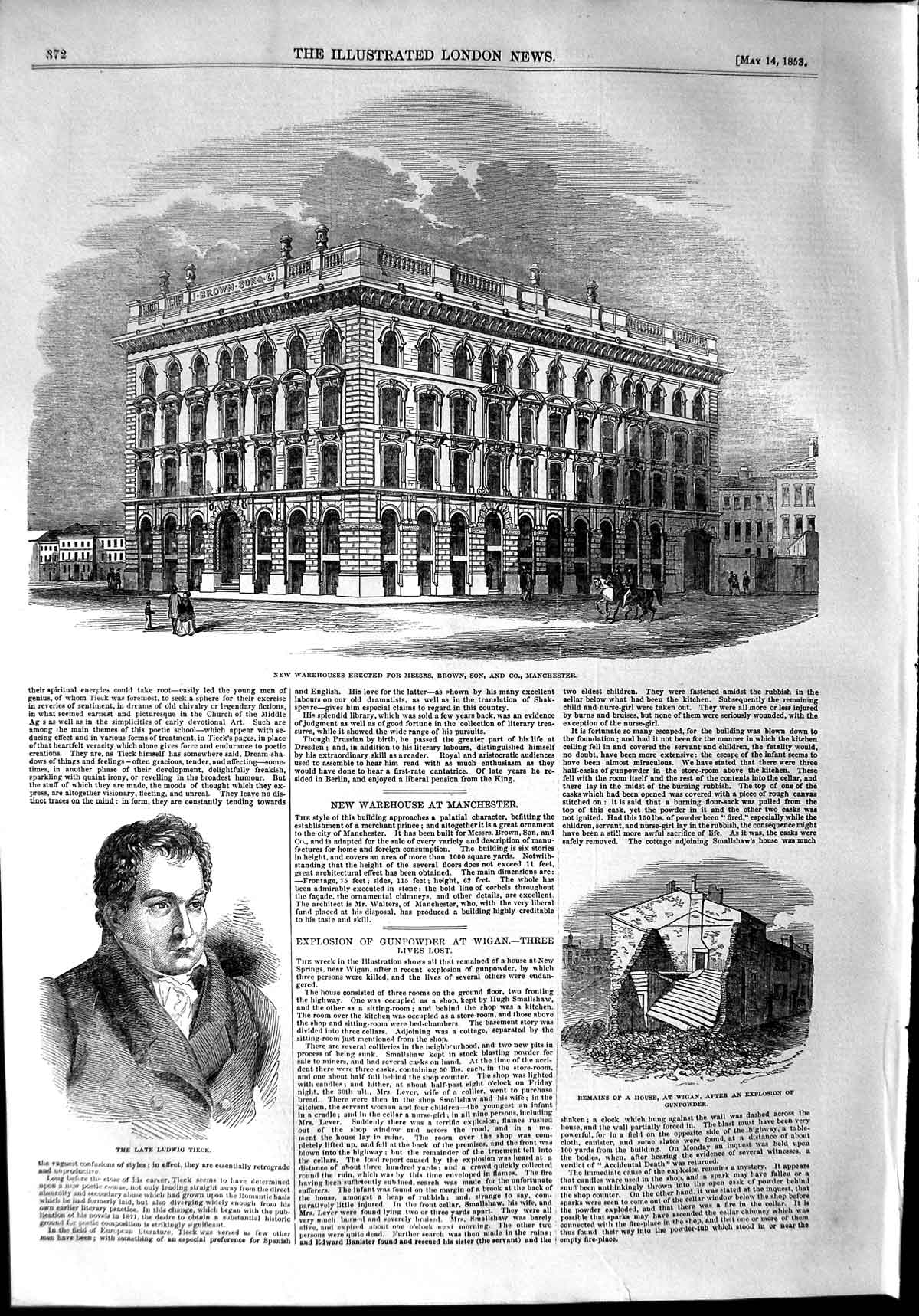 Original Old Antique Print 1853 Warehouses Brown Manchester Ludwig Tieck House