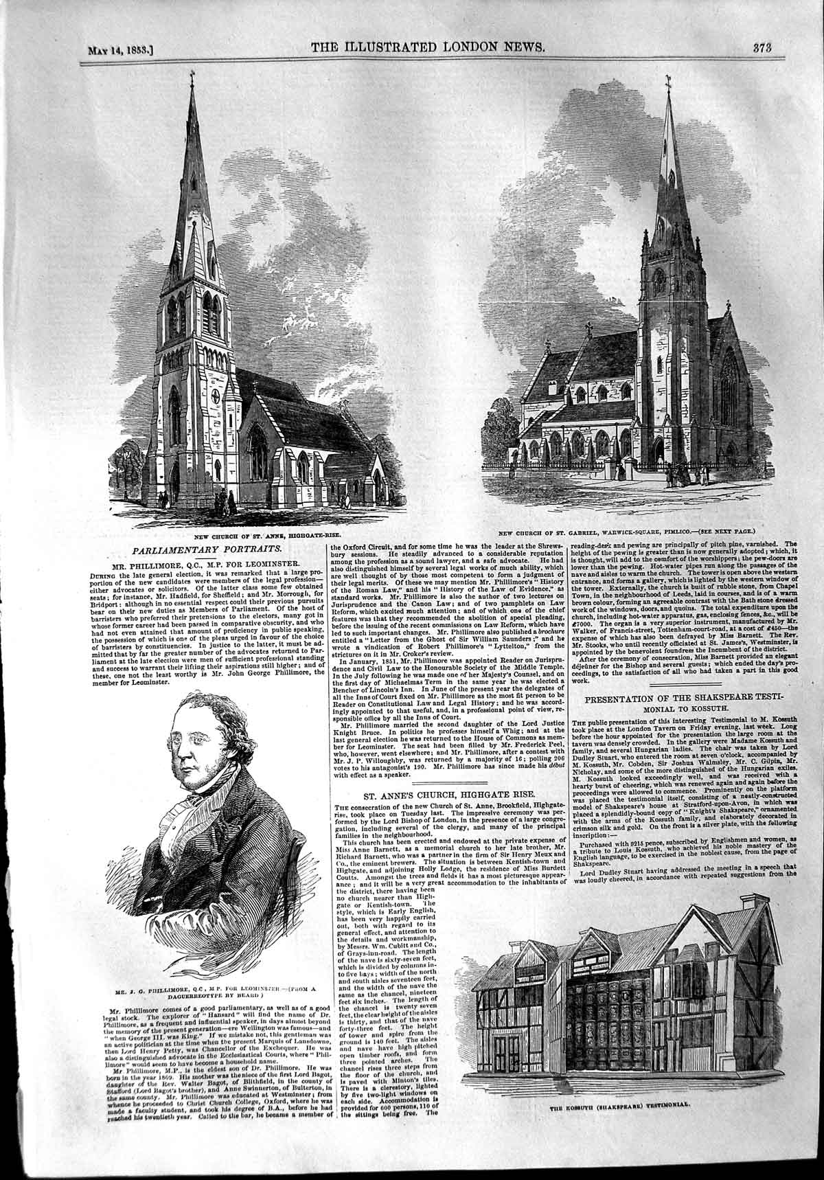 Original Old Antique Print 1853 Church Gabriel Highgate-Rise Phillimore Kossuth