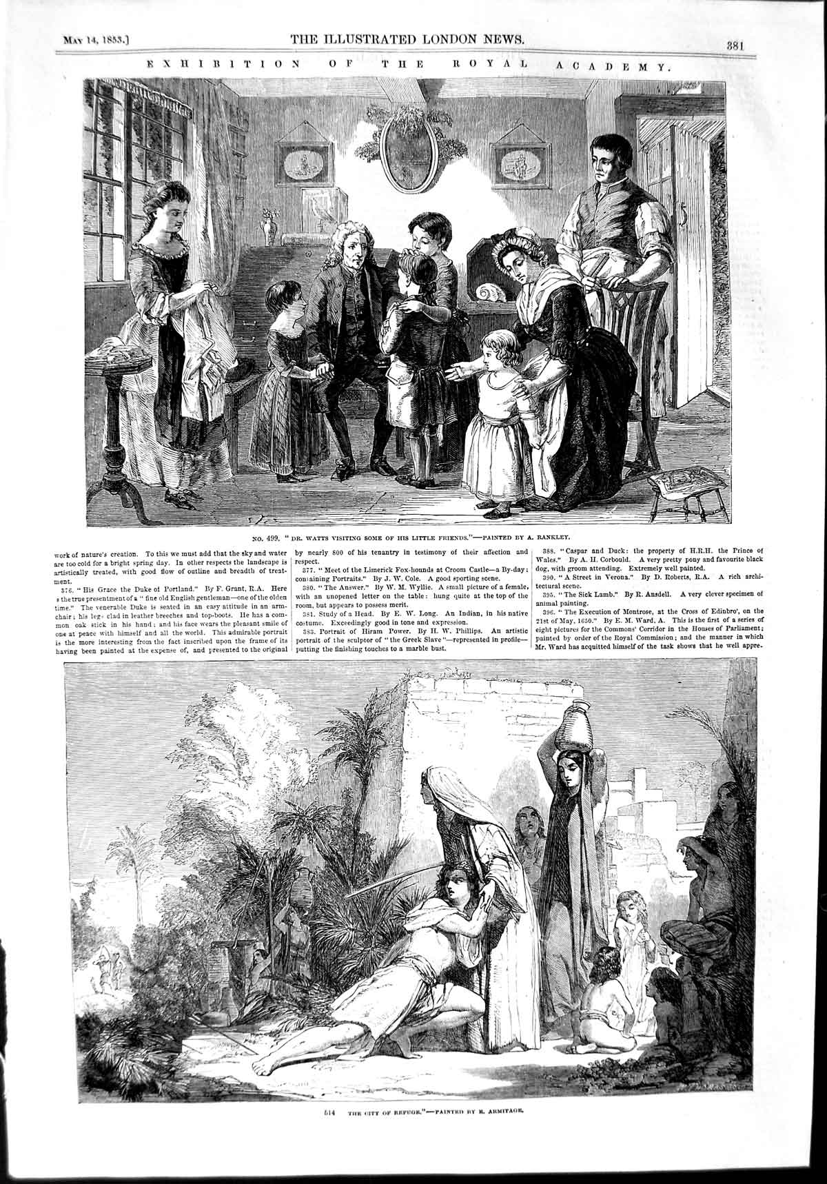 Old Antique Print 1853 Armitage Art City Refuge Dr. Watts Children Family 19th