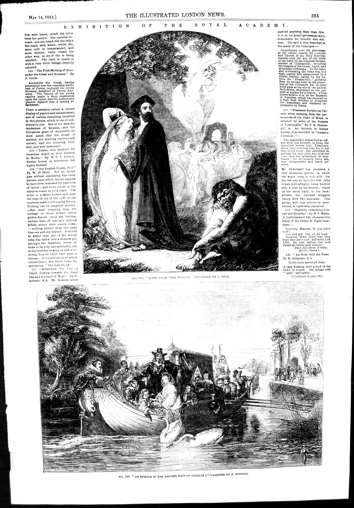 Original Old Antique Print 1853 Art Scene Tempest River Boat King Charles Swans