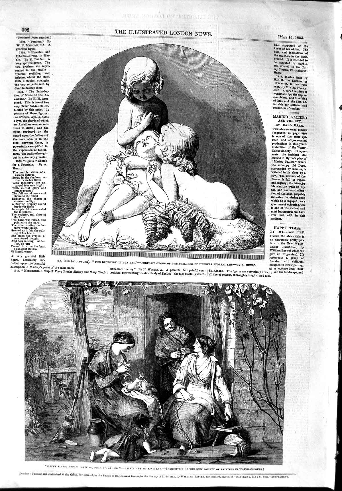 Original Old Antique Print 1853 Family Scene Straw Plaiting Albans Sculpture
